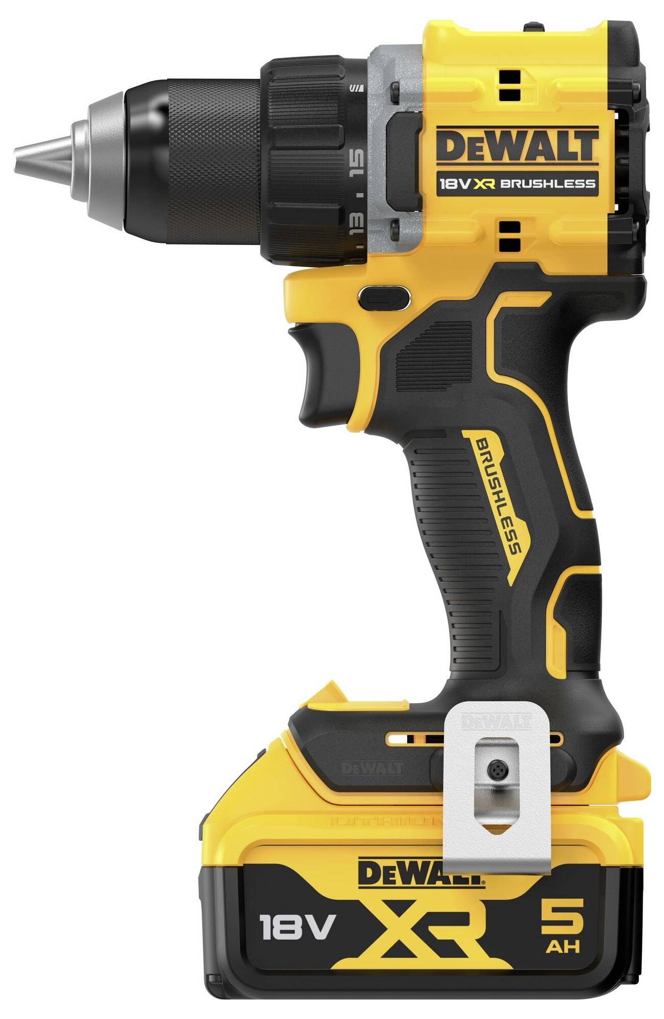 Ein gelber und schwarzer Akkuschrauber der Marke DeWalt, Modell 18V XR Brushless, mit einem robusten Design für Heimwerkerprojekte.
