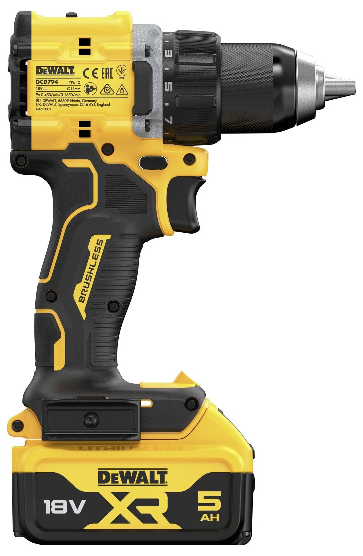 Akkubohrmaschine von DEWALT, Modell XR 18V mit 5 Ah Akku und bürstenlosem Motor, seitliche Ansicht.