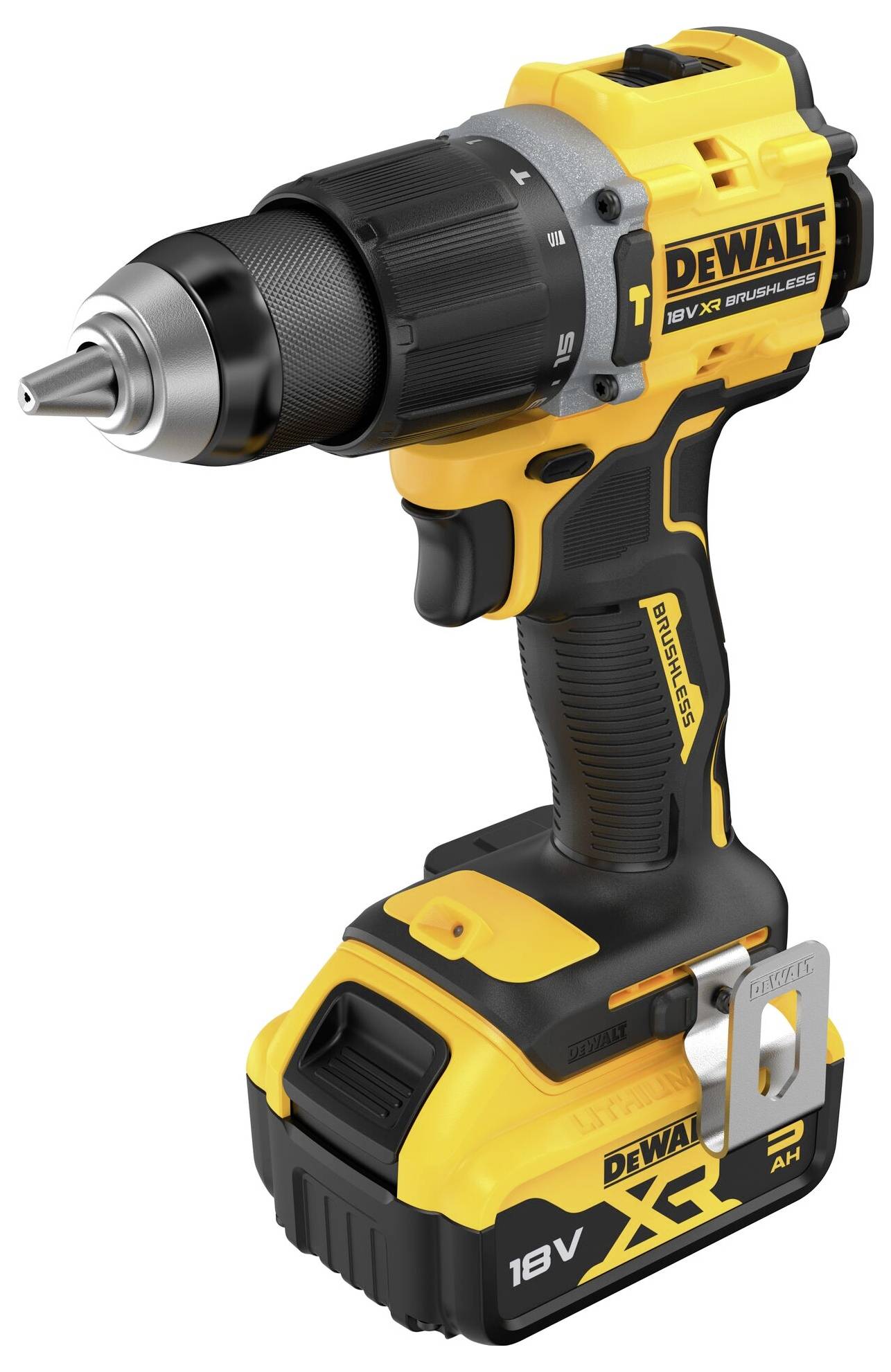 Ein gelb-schwarzer Akku-Bohrschrauber von DeWalt mit 18V-Kennzeichnung, zeigt einen robusten Griff und einen abnehmbaren Akku an der Unterseite.