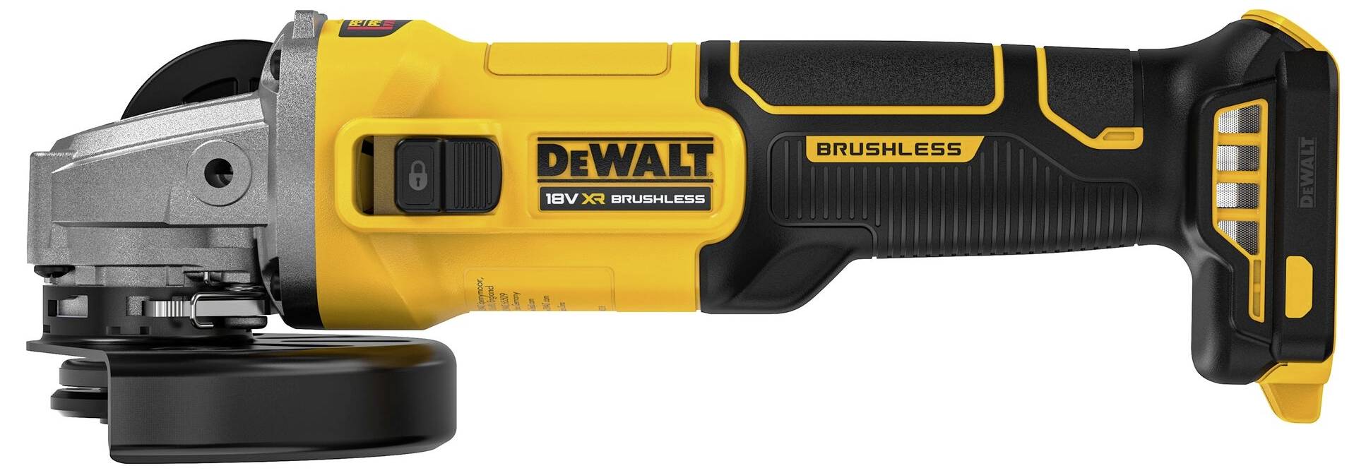 Akkuschleifer in Gelb und Schwarz, seitlich gezeigt. Marke und Modelleigenschaften auf Gehäuse sichtbar.