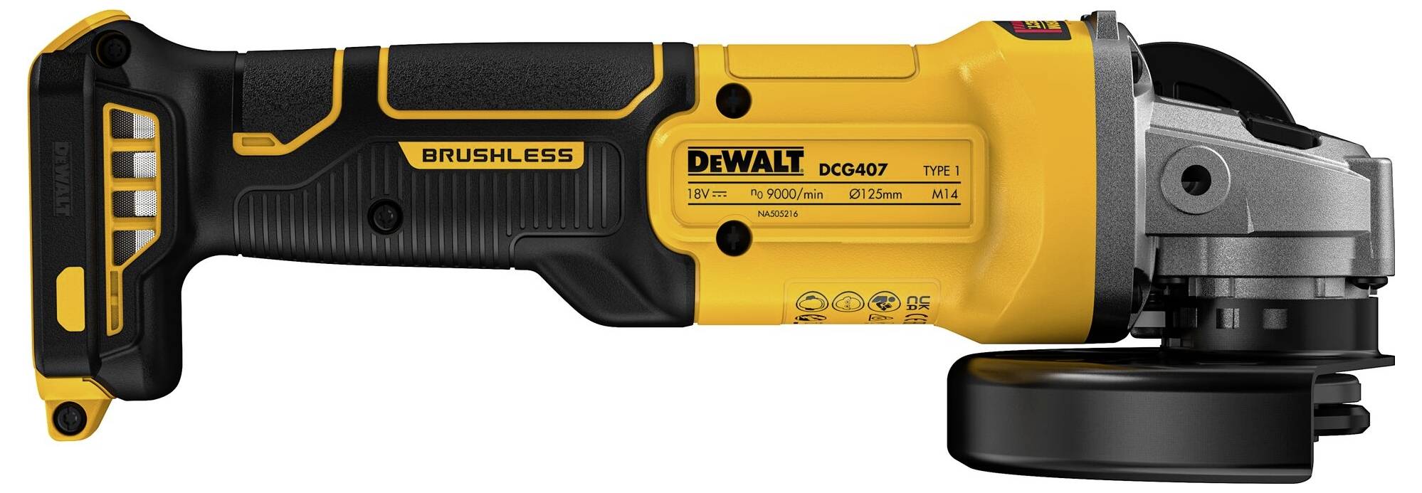 Ein gelber und schwarzer kabelloser Winkelschleifer von Dewalt. Aufschrift zeigt 'Brushless' und Modellnummer 'DCG407'.