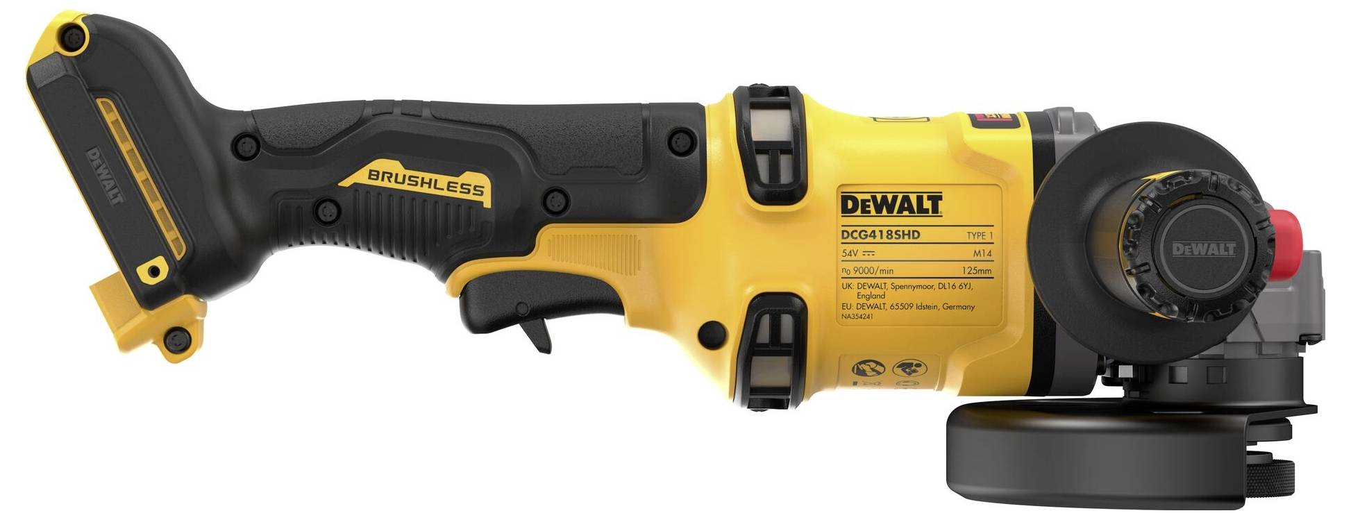 Ein gelber Winkelschleifer mit schwarzem Griff und rotem Sicherheitsknopf; Marke 'DeWalt', Modellnummer gut sichtbar am Gerät.