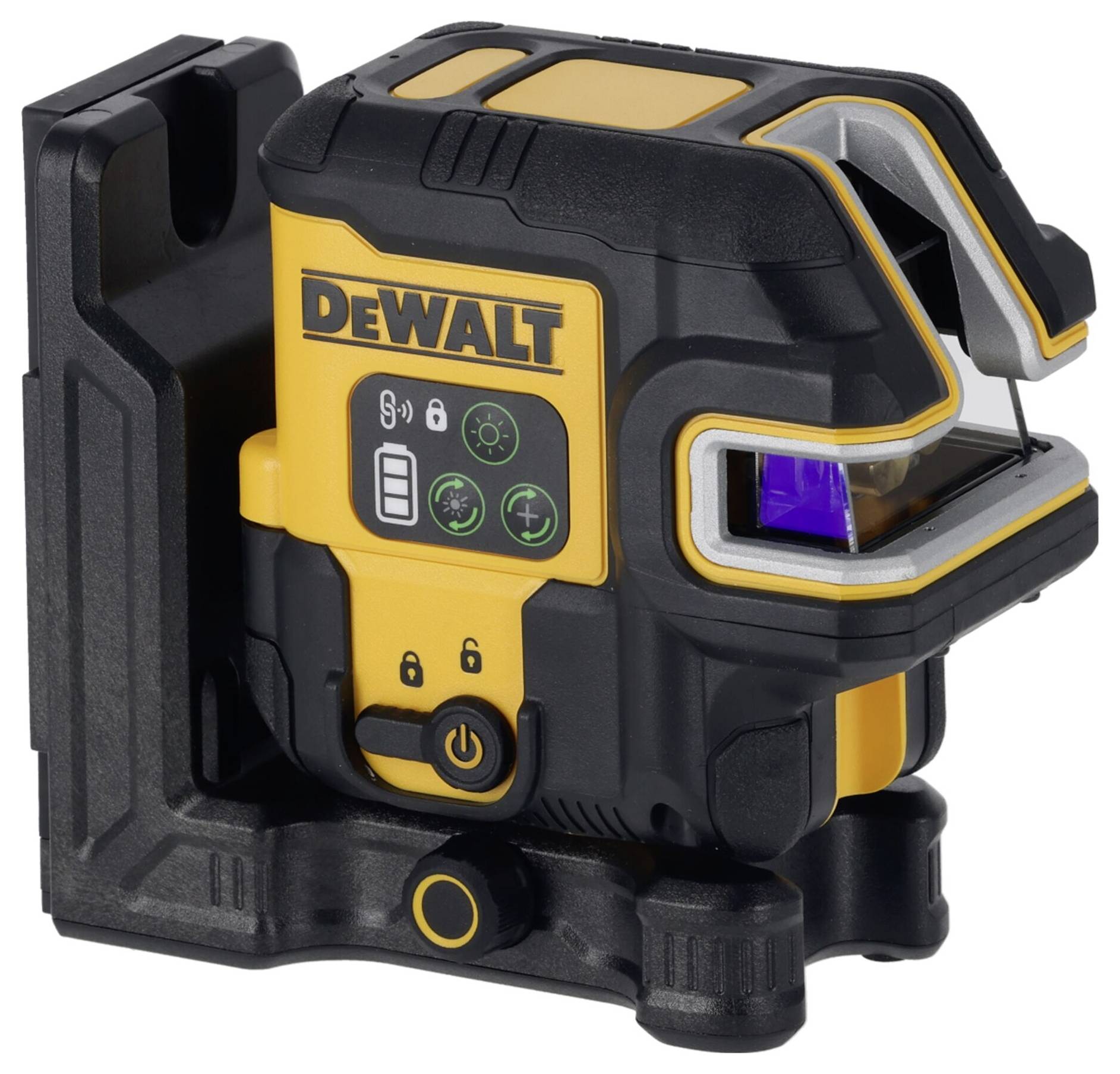 Ein kompakter, gelb-schwarzer DEWALT Laser-Nivellierer auf einem Ständer, zeigt eine blaue Laserlinie nach rechts. Geeignet für Bauarbeiten.