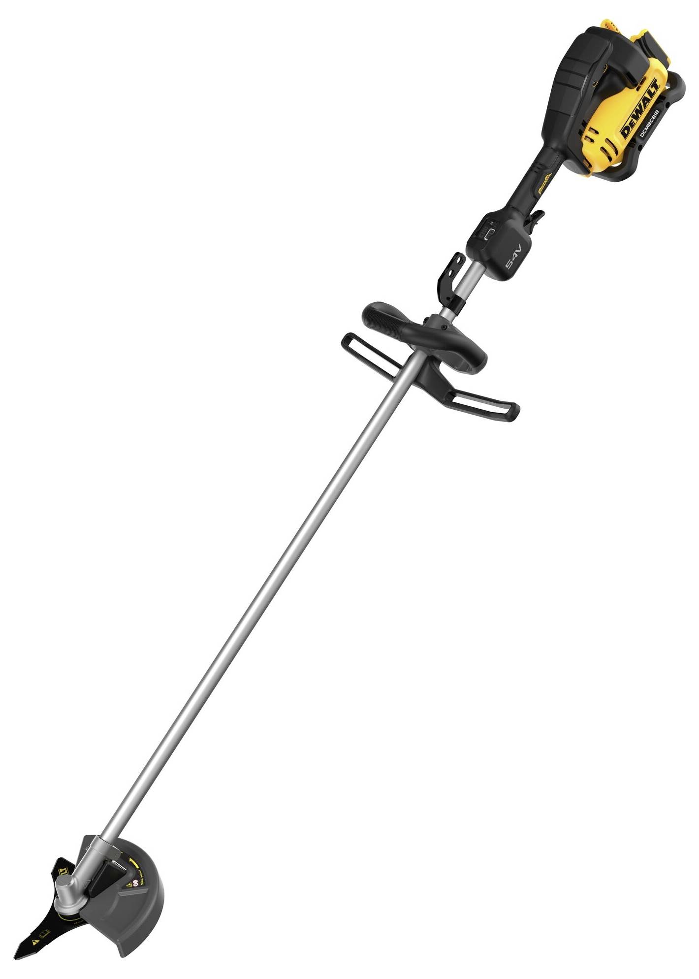 Schnurloser Rasentrimmer mit langem Metallgriff und ergonomischem Griff, ideal für präzises Trimmen von Gras in schwer zugänglichen Bereichen.