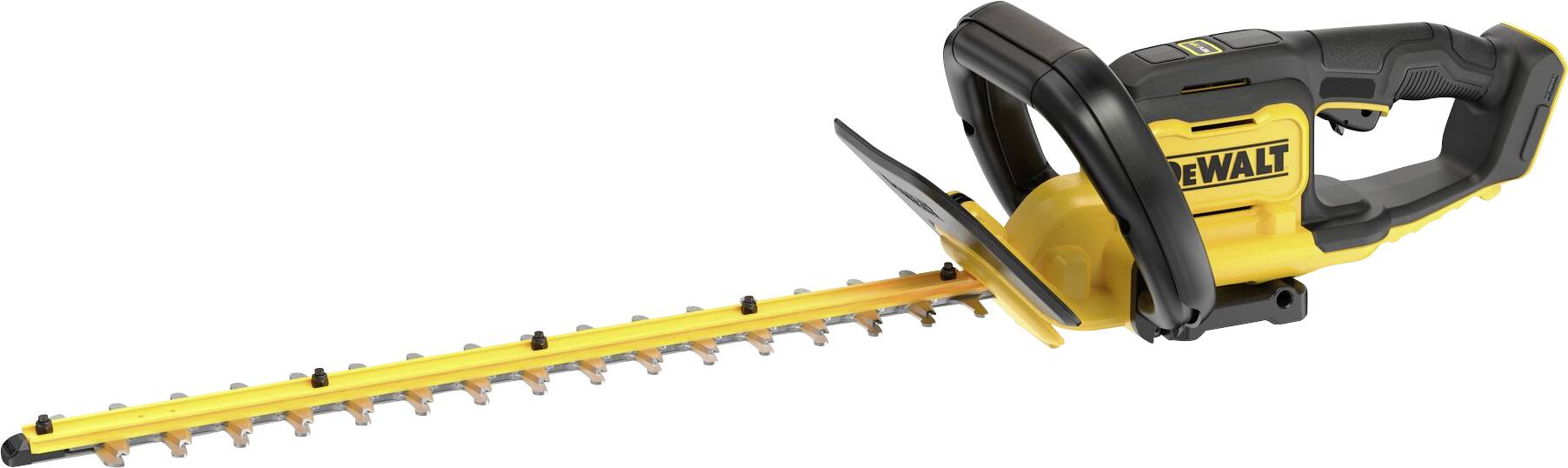 Gelbe und schwarze elektrische Heckenschere mit ergonomischem Griff und langer Schneidefläche, geeignet für Gartenarbeiten.