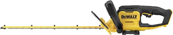 Ein gelber und schwarzer elektrischer Heckenschneider mit einer langen Klinge und einem Griff, auf dessen Gehäuse der Markenname 'DeWalt' zu sehen ist.