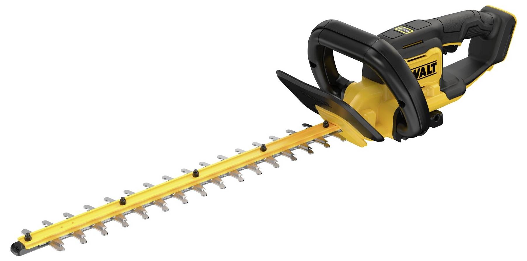 Akku-Heckenschere in Gelb und Schwarz mit ergonomischem Griff und langem Schneidmesser, geeignet für präzisen Heckenschnitt.