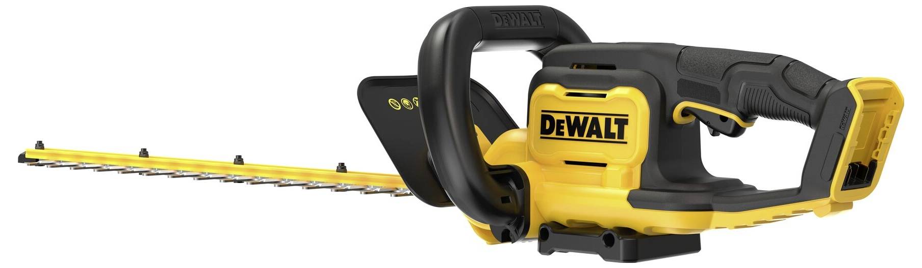 Elektrische Heckenschere in Gelb und Schwarz mit 'DeWalt'-Logo auf dem Gehäuse; ergonomischer Griff und doppelseitige Klinge.