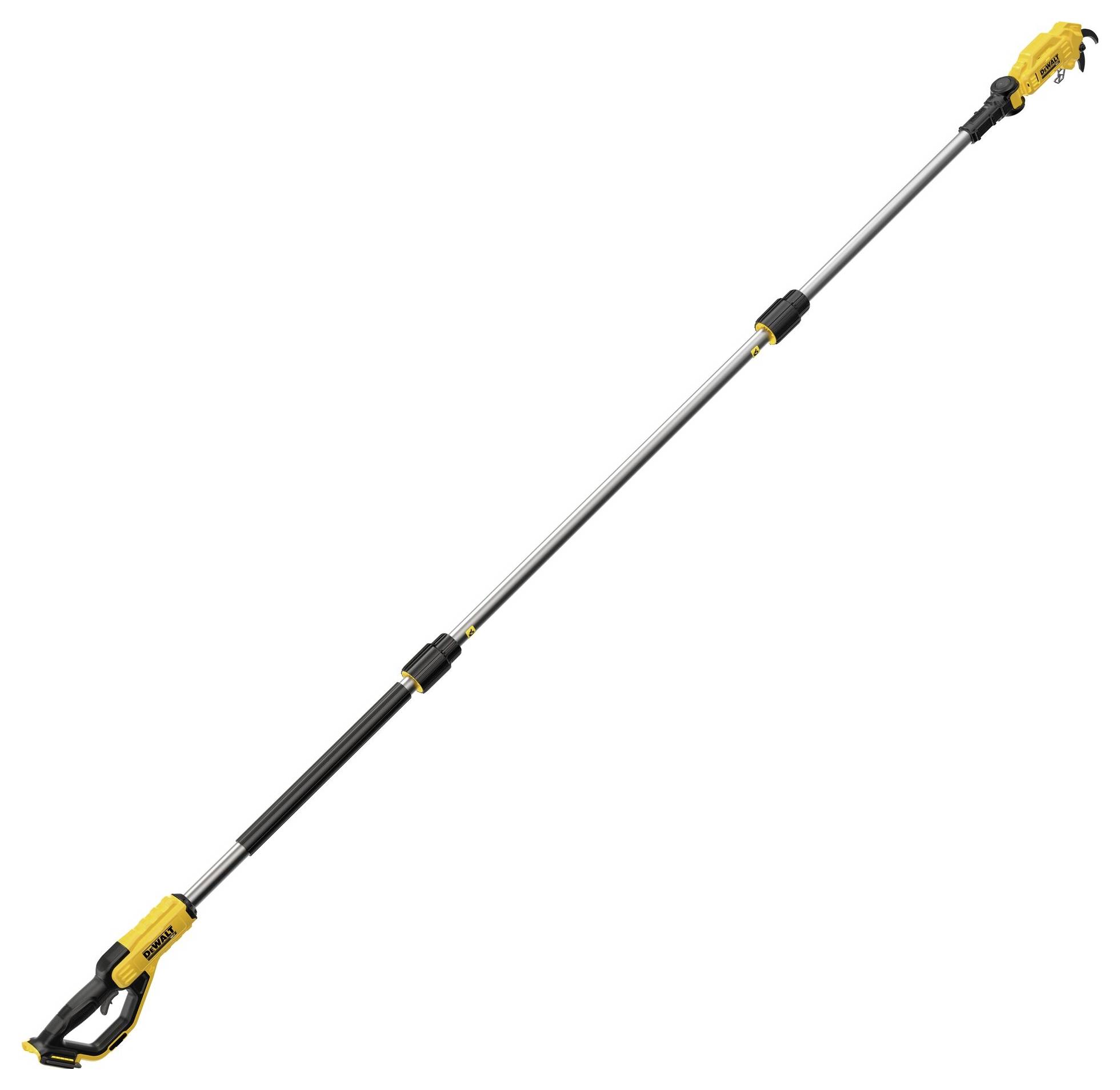 Teleskop-Heckenschere mit gelbem Griff und langem, verstellbarem Schaft für das Trimmen schwer erreichbarer Äste.