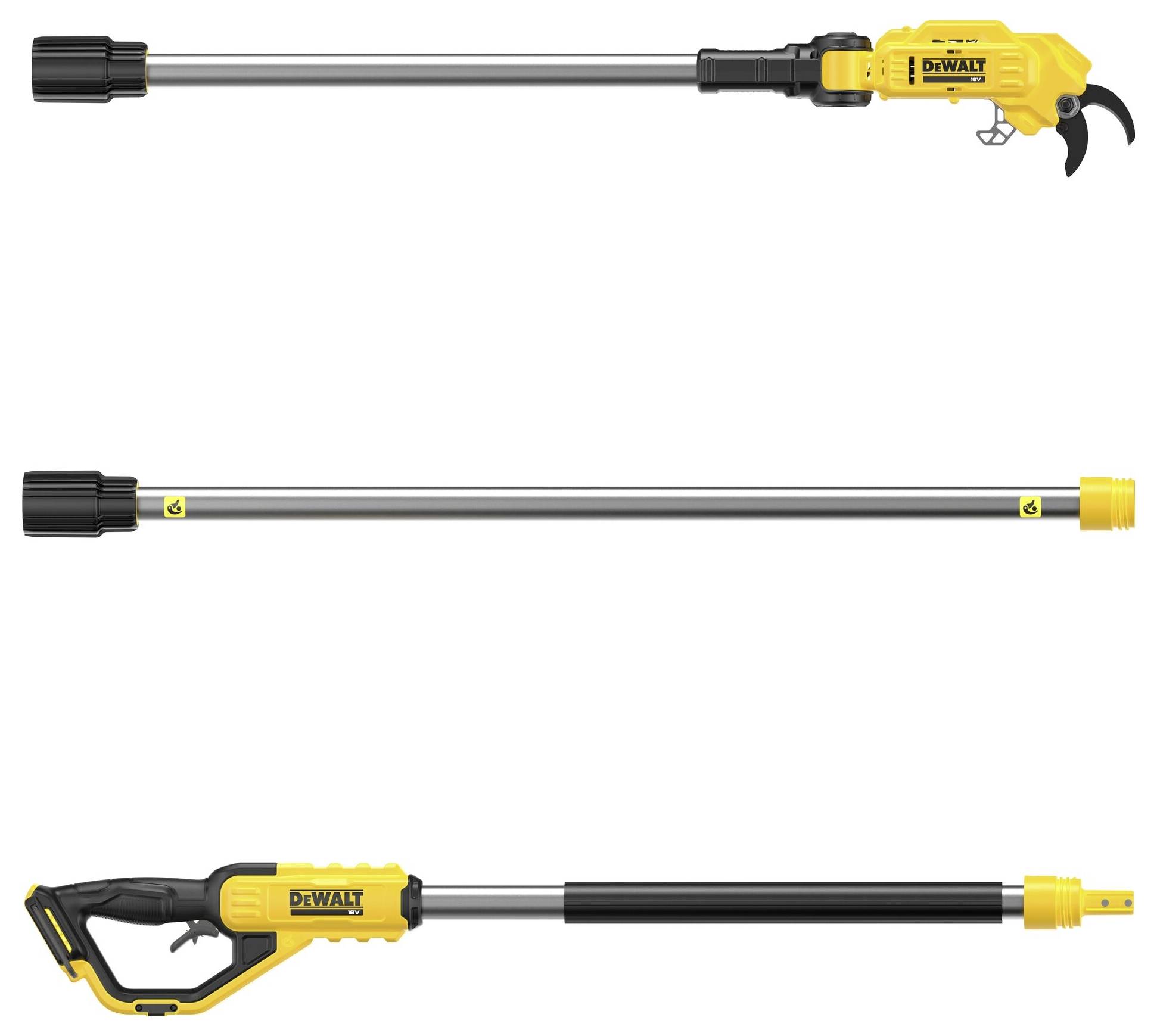 'DEWALT' Astschneider in drei Teilen: Griff mit Sägeblatt, Mittelstück zur Verlängerung und Griffstück. Geeignet für Hochäste.