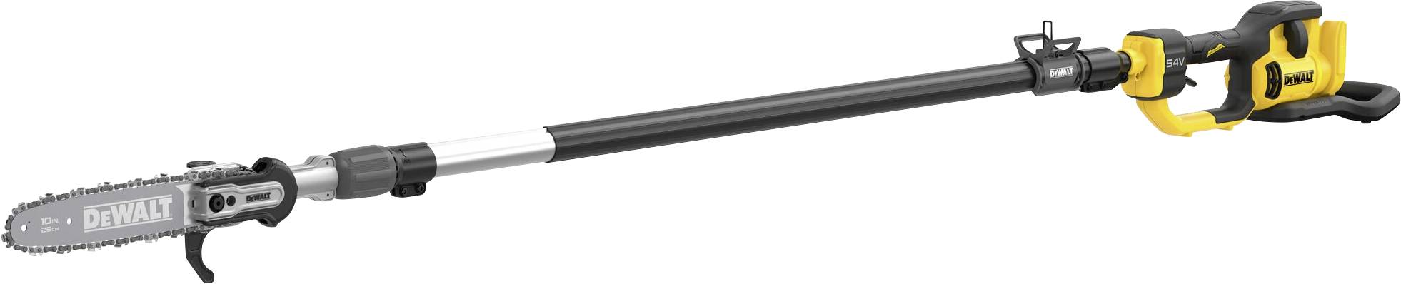 Akku-Hochentaster mit Teleskopstange, gelb-schwarzem Griff und Kettensäge. Geeignet zum Schneiden hoher Äste.