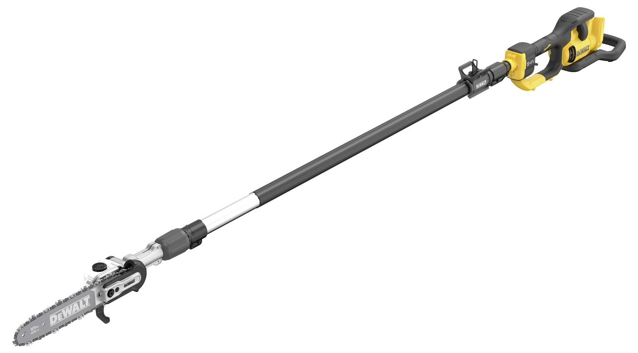 Akku-Astsäge mit Teleskopstiel in schwarz-gelber Farbgebung, geeignet für Baumschnitt in schwer zugänglichen Bereichen.