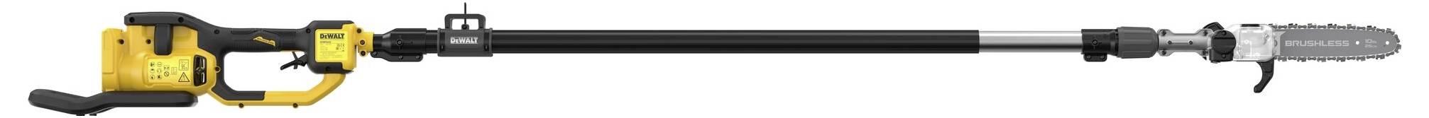 Eine gelbe elektrische Astkettensäge mit länglichem Teleskopstiel, geeignet zum Beschneiden hoher Äste im Garten.