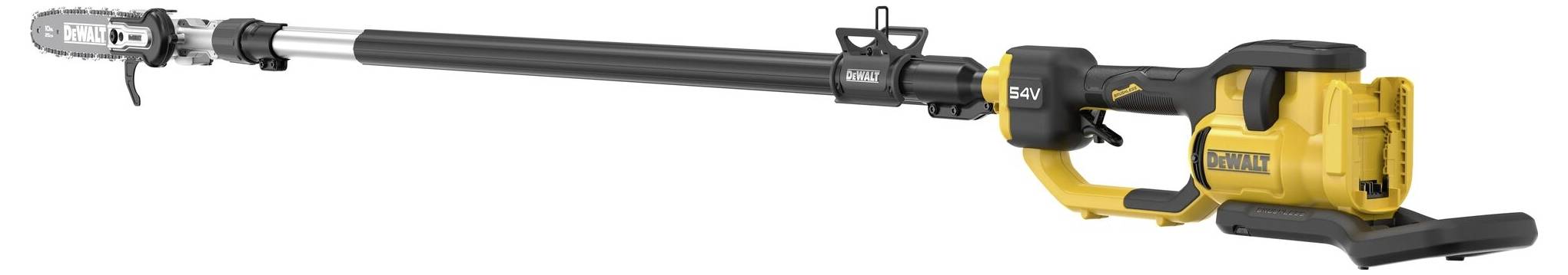 Gelbes Akku-Hochentaster-Werkzeug mit schwarzem Teleskopstiel und kleinem Sägeblatt zum Zurückschneiden von Ästen.