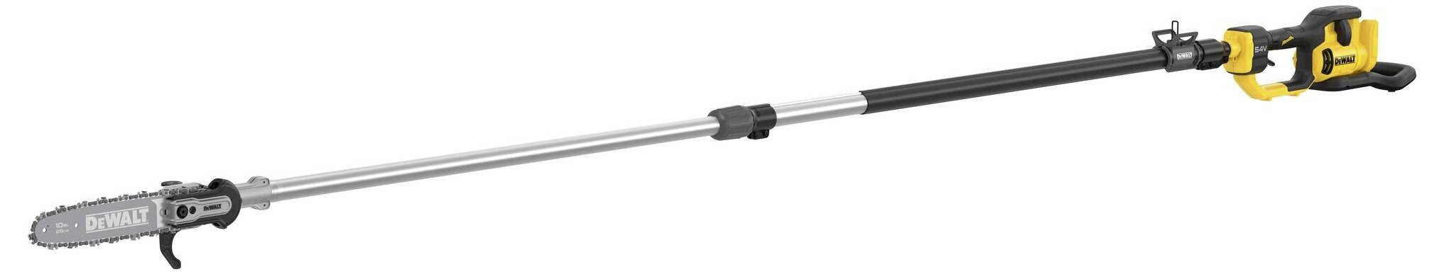 Elektrische Teleskop-Astschere mit gelbem Griff, ausziehbar für hohe Äste.