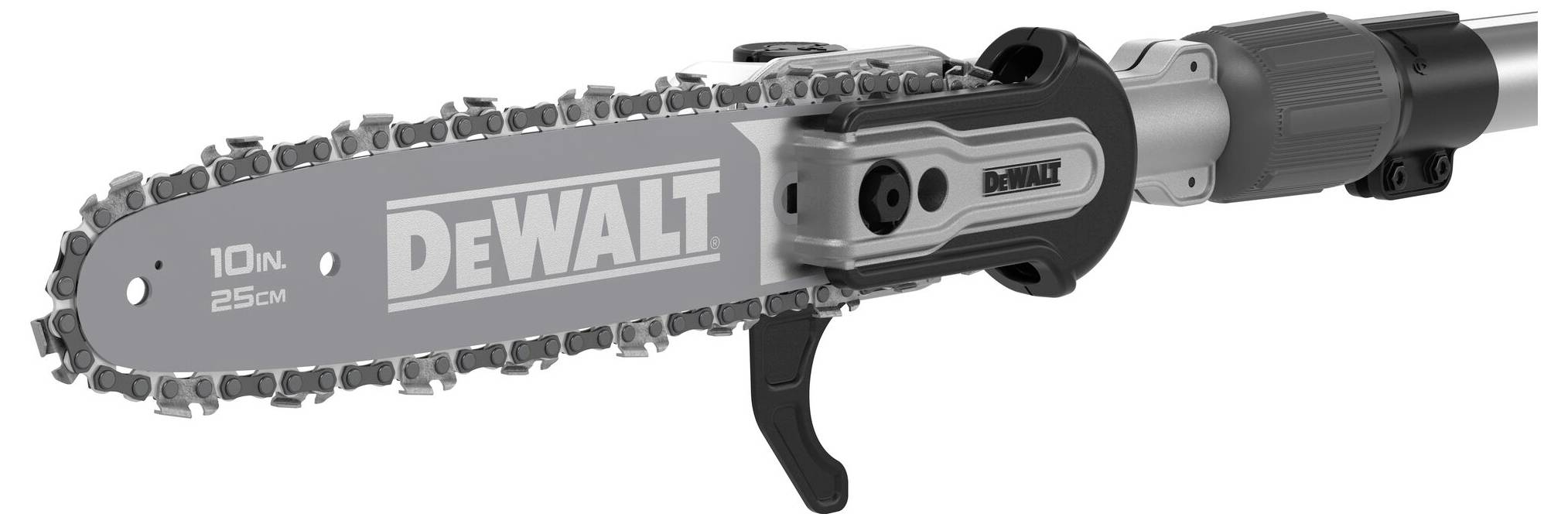 Akkubetriebene Kettensäge mit DeWalt-Logo auf der Schiene, 25 cm Länge. Gezeigt wird die Klinge und ein Teil des Griffs.