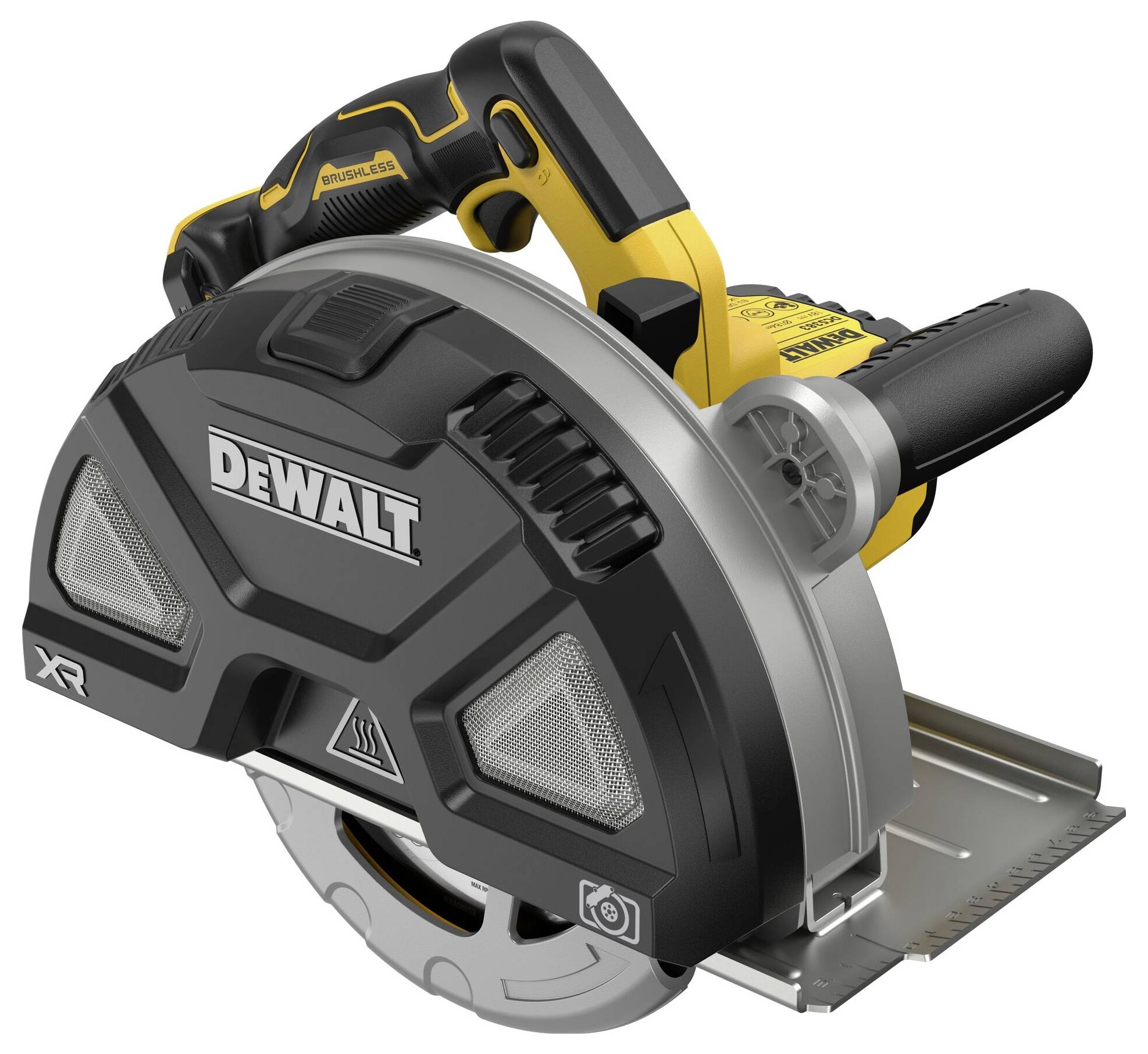 Akku-Metallsäge von DEWALT mit ergonomischem Griff und silbernem Sägeblatt, geeignet für präzise Metallschnitte.