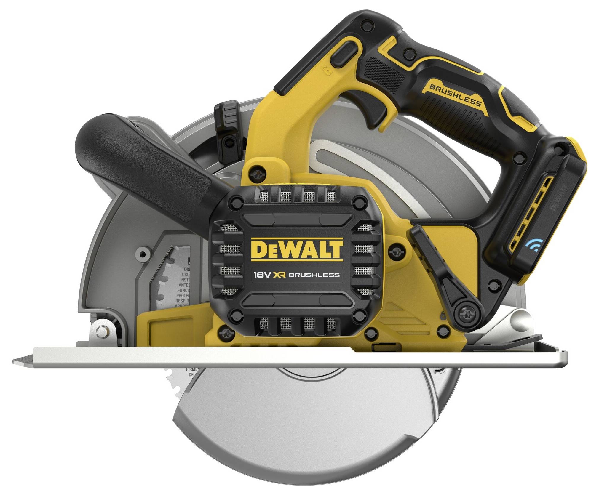 Akku-Kreissäge in gelb-schwarzer Farbe. Marke 'DeWalt' erkennbar. Liegt seitlich, zeigt Gehäuse und Sägeblatt.