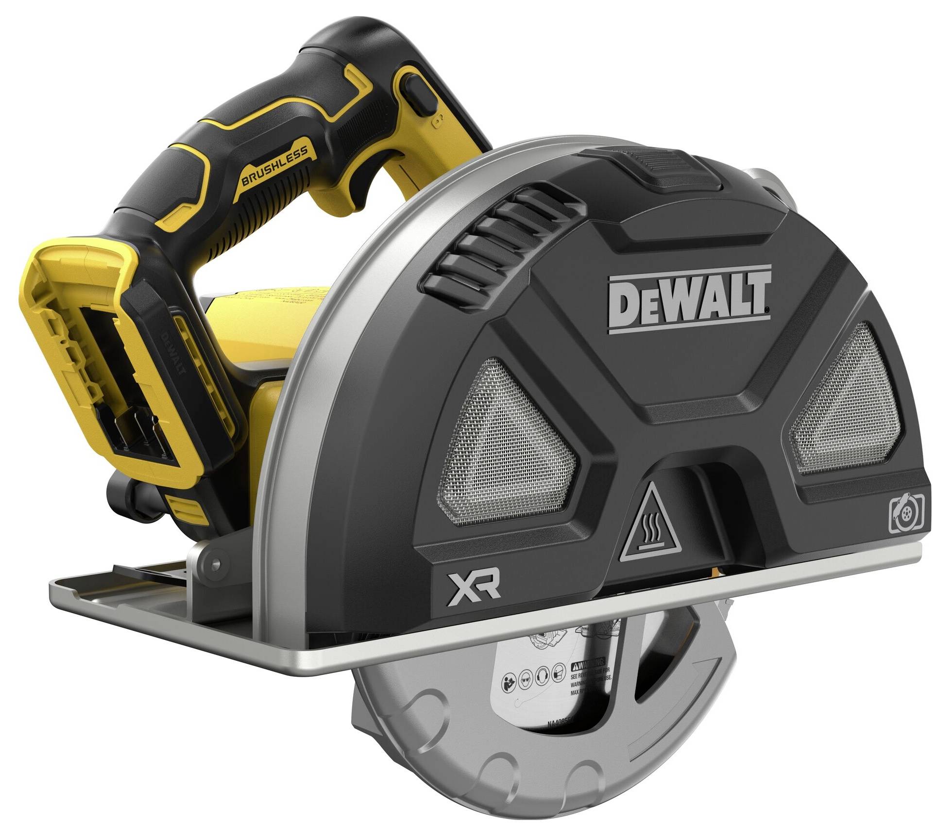 Akku-Handkreissäge von DeWalt mit gelbem und schwarzem Design, sichtbarem Sägeblatt und ergonomischem Griff.