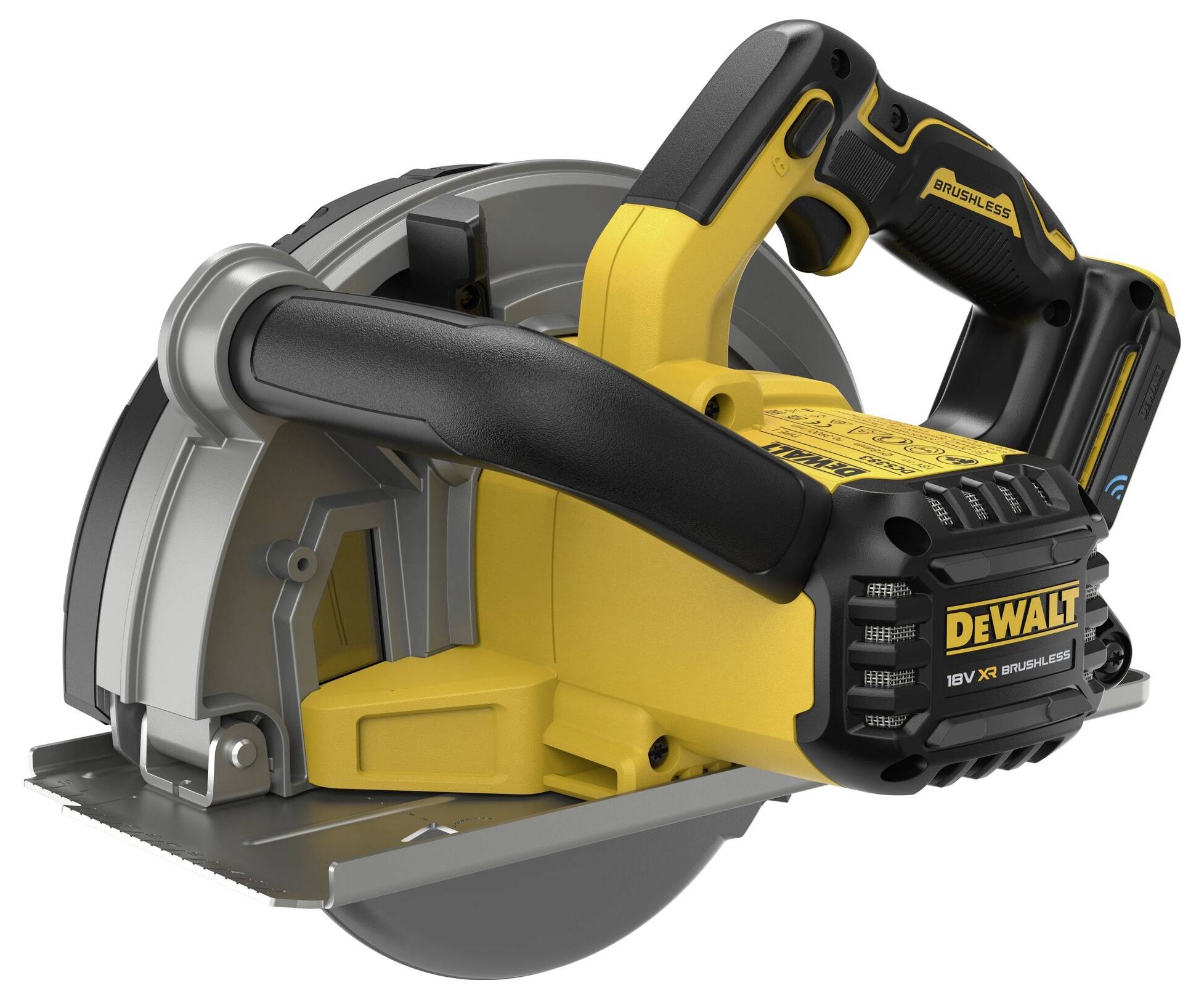 Kreissäge mit gelbem Gehäuse und schwarzem Griff, seitlicher Blick. Markenname 'DeWalt' auf der Seite sichtbar.