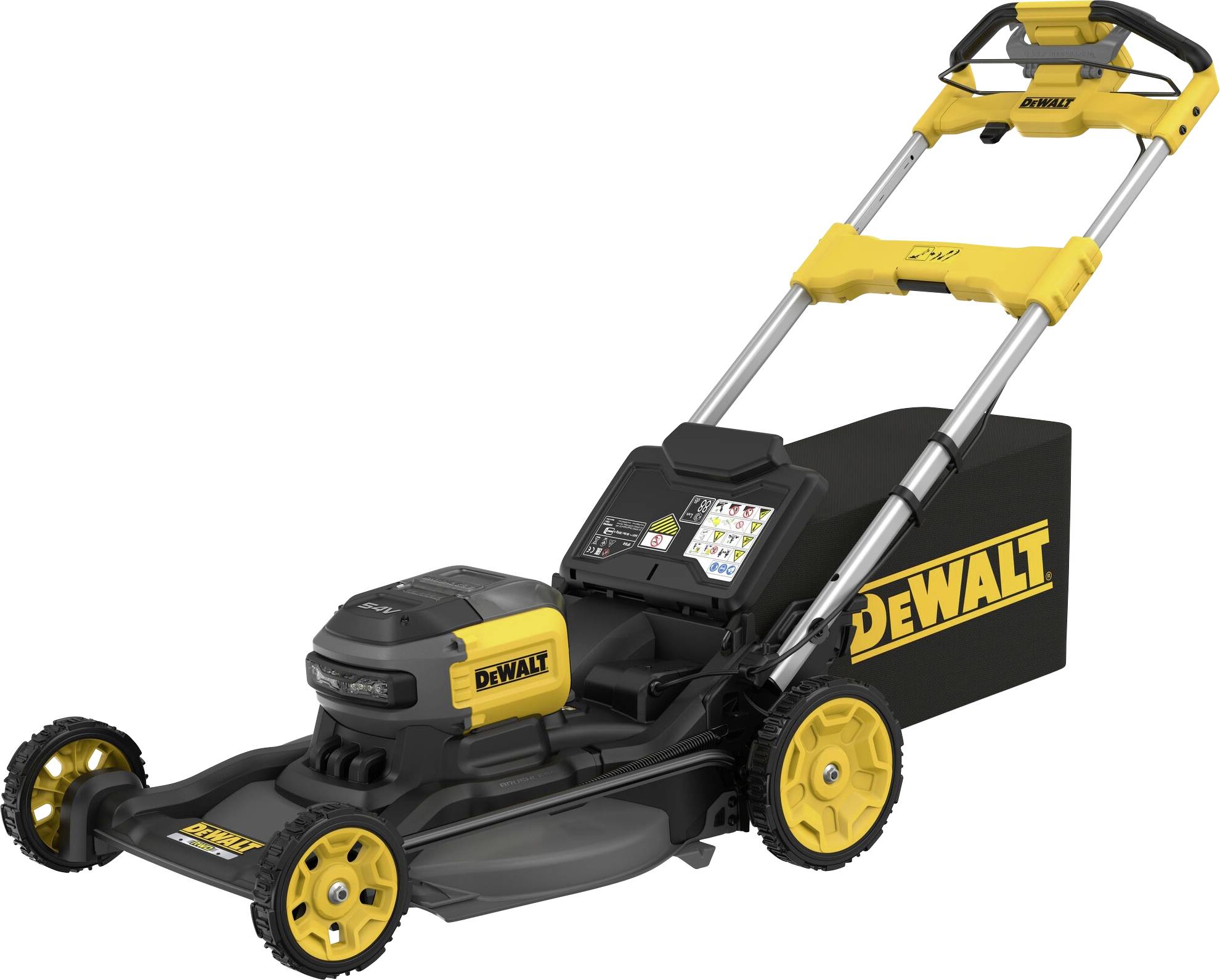Ein gelber und schwarzer Rasenmäher der Marke DEWALT von der Seite, mit großem Griff und Rädern.
