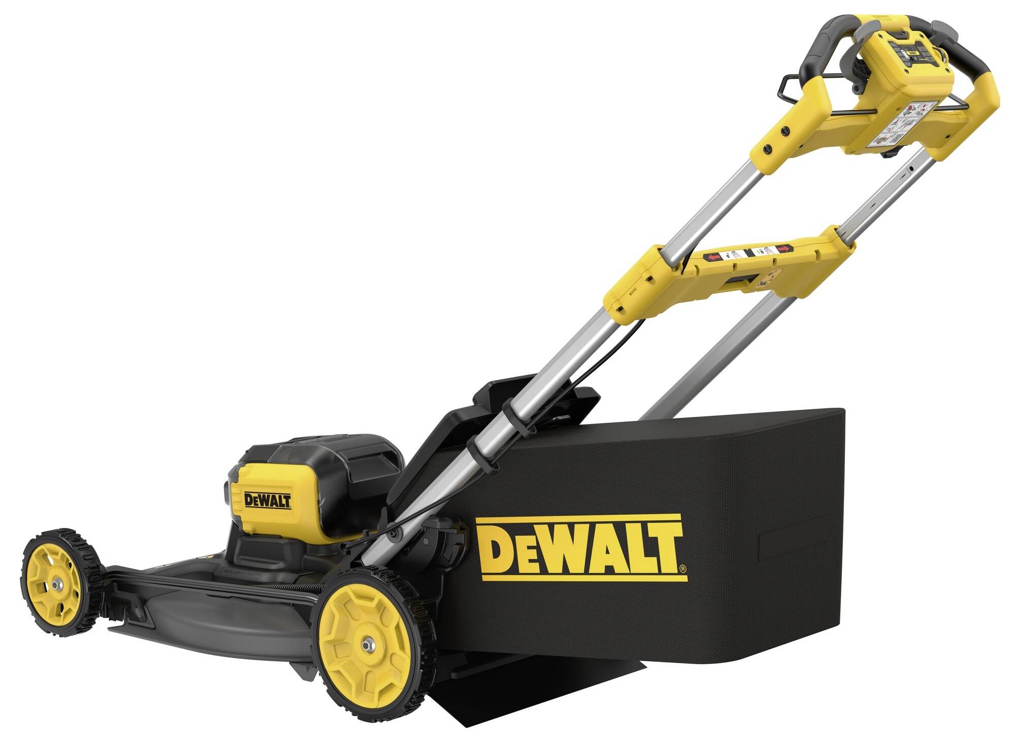 Ein gelber und schwarzer Rasenmäher der Marke Dewalt mit auffälligem Markennamen auf dem Fangsack.