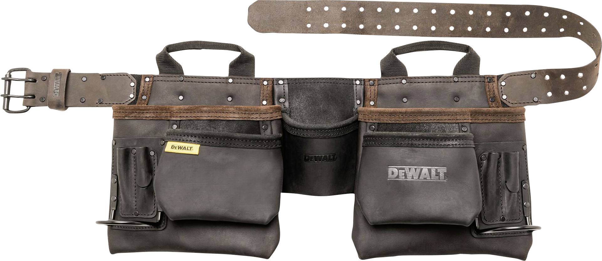 Ein schwarzer Werkzeuggürtel mit mehreren Taschen und Fächern für Werkzeuge, verstärkt mit braunen Lederdetails und Gürtelschnalle.