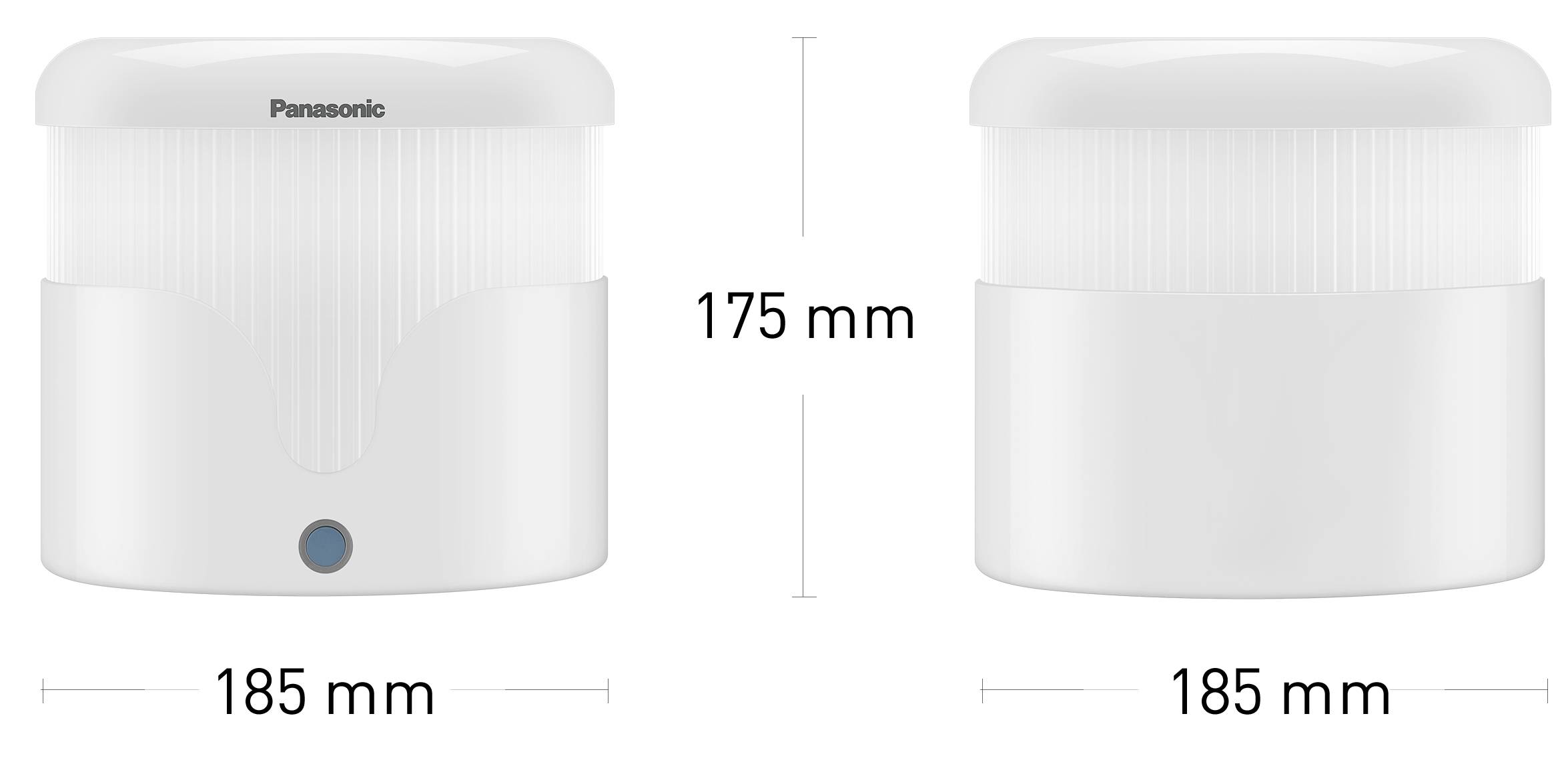 'Panasonic'-Gerät, weiß, zylindrisch mit blauem Knopf. Höhe 175 mm, Breite 185 mm. Vorne und Seitenansicht gezeigt.