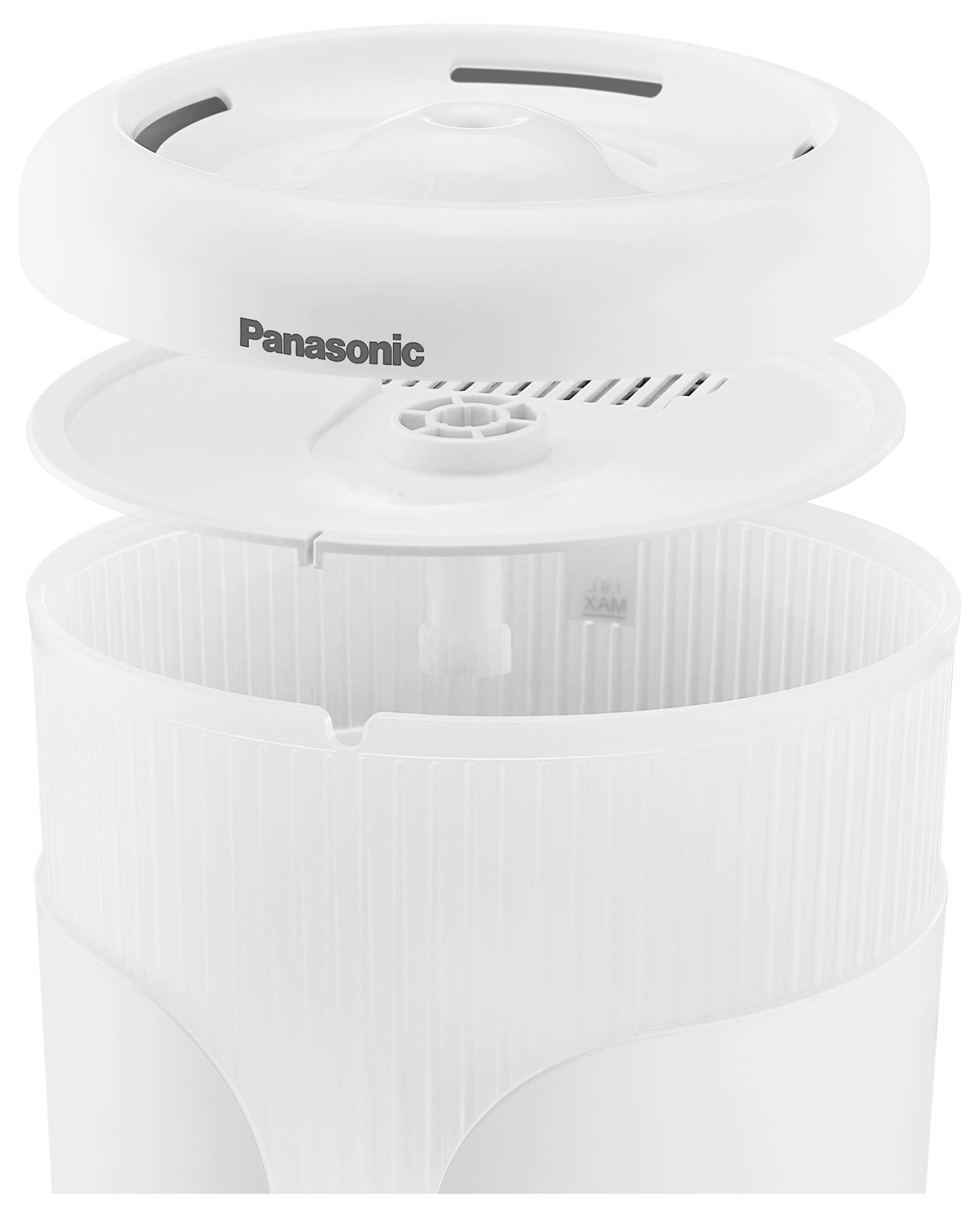 Ein weißer Luftbefeuchter von Panasonic mit einem abnehmbaren Deckel und einem gerillten Zylinderdesign.