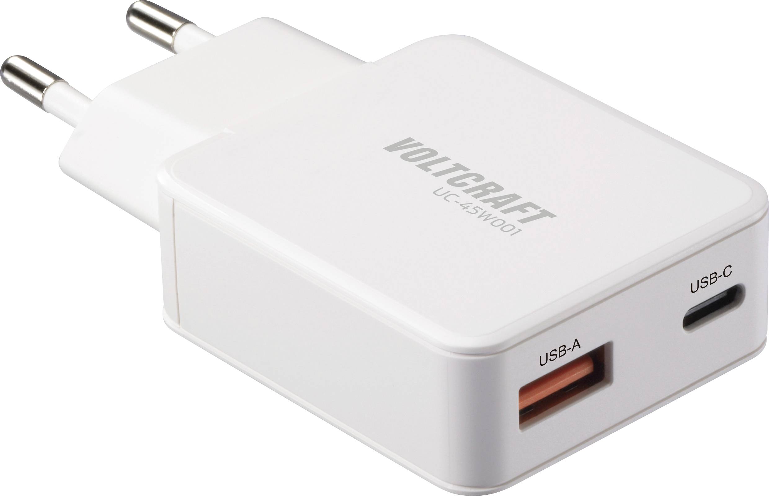 Weißer Voltcraft UC-25WOO1 USB-Ladegerät mit USB-A und USB-C-Anschlüssen, ausgestattet mit europäischen Steckdosenadaptern.
