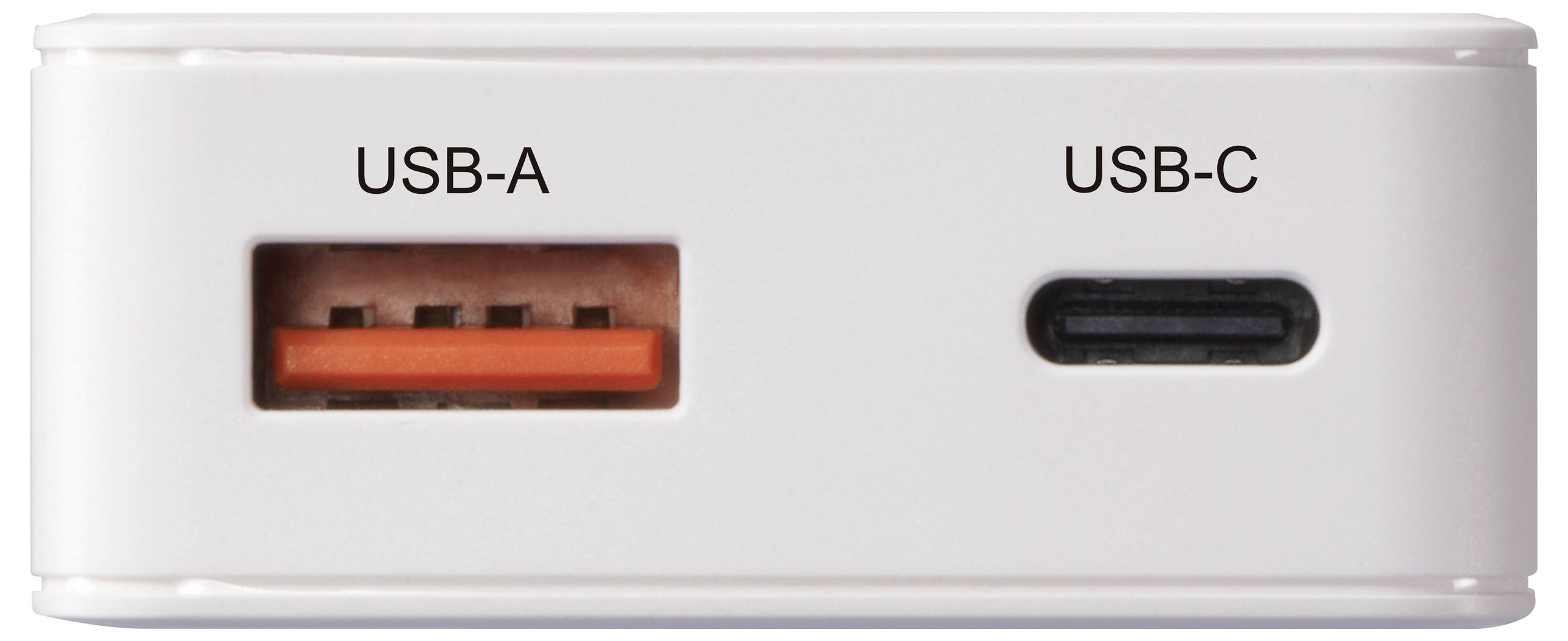 Ein weißes elektronisches Gerät mit zwei Anschlüssen: einem USB-A-Anschluss links mit orangefarbenem Inneren und einem USB-C-Anschluss rechts.