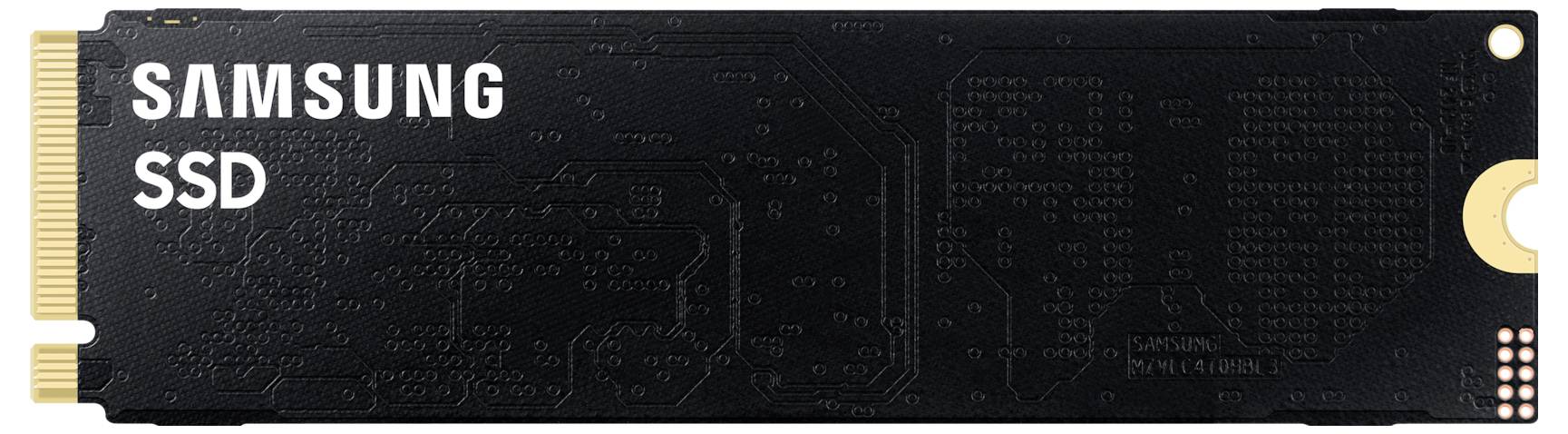 Eine schwarze Samsung SSD mit goldenen Kontakten.