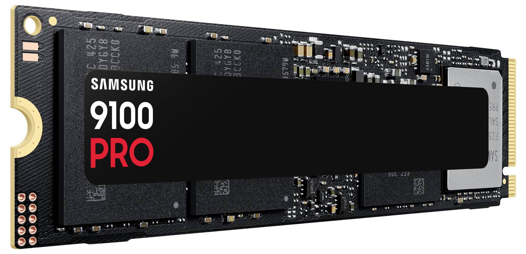 Bild einer Samsung 9100 PRO SSD in Nahaufnahme, die Details der Speicherchips und des Controllers auf der Platine zeigt.