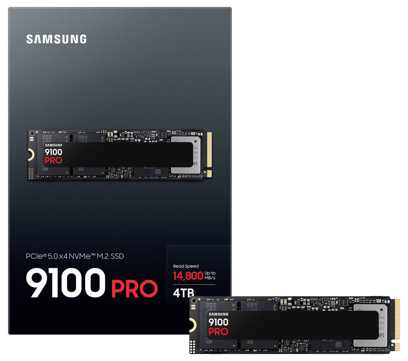 'Samsung 9100 PRO NVMe M.2 SSD 4TB mit einer Lesegeschwindigkeit von bis zu 14.800 MB/s' zeigt Produkt und Verpackung.