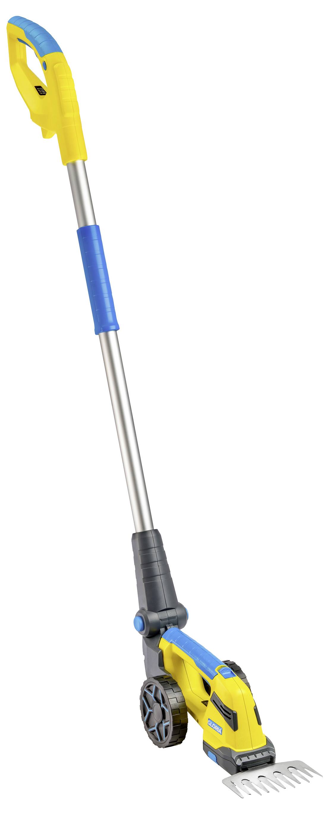 Gelbe und blaue Akku-Grasschere mit Rädern und Teleskopstiel, zum einfachen Schneiden von Gras an schwer erreichbaren Stellen.