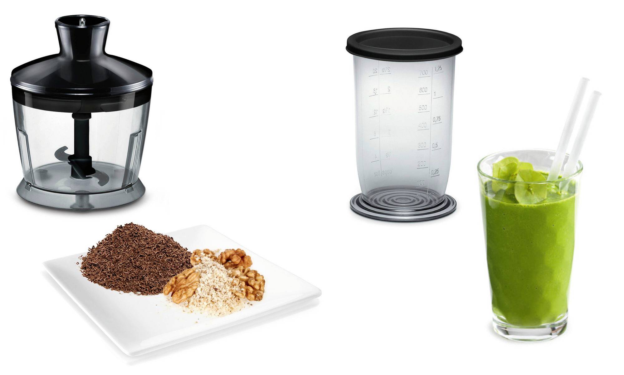 Ein Mixer mit schwarzem Deckel, Messbecher und grünem Smoothie aus Spinat, daneben Teller mit gemahlenen Nüssen und Kakaopulver.