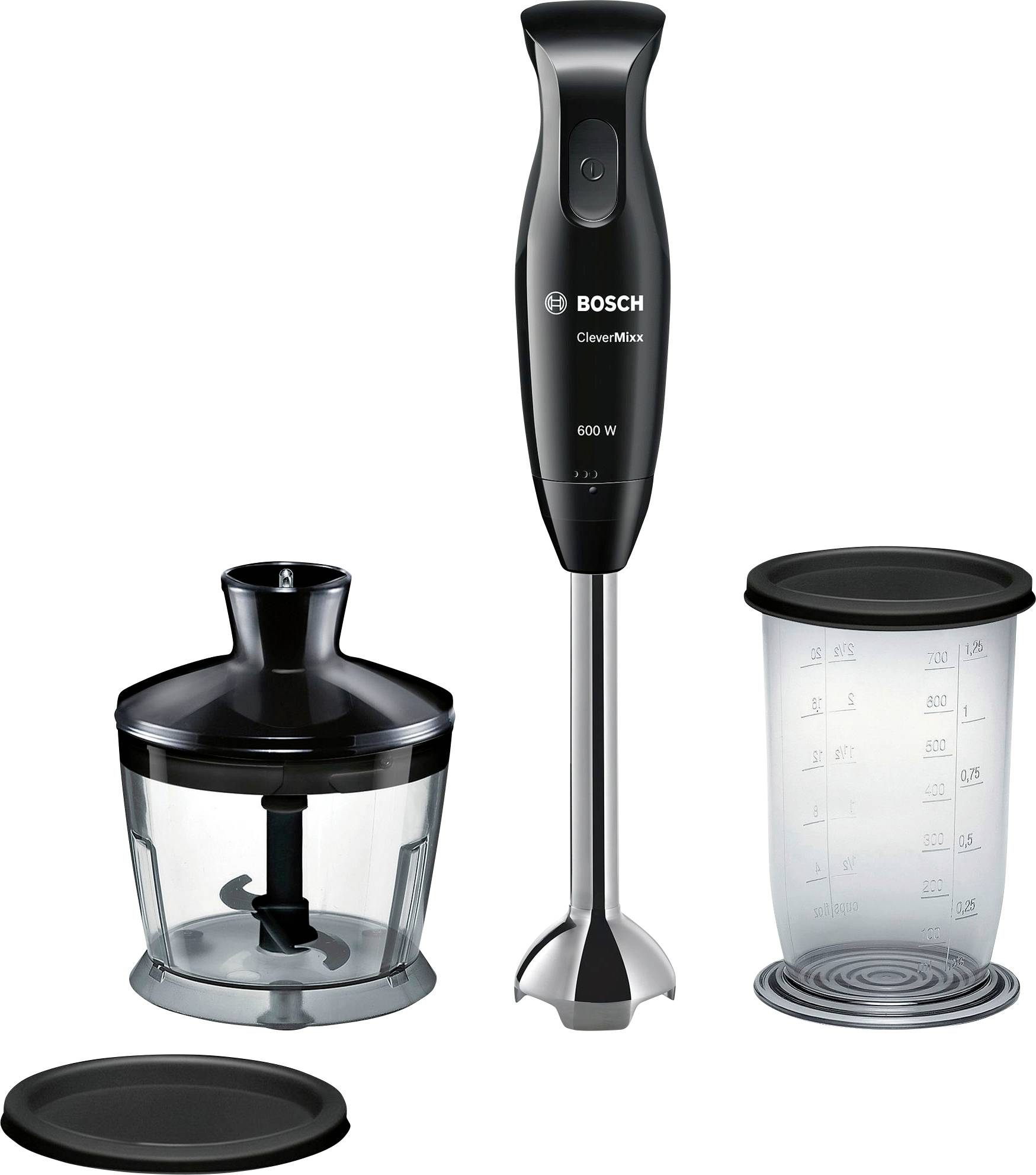 Stabmixer-Set mit schwarzem Mixer, Mixbecher und Zerkleinerer, markiert 'Bosch CleverMixx, 600 W'. Ideal zum Zerkleinern und Mixen.