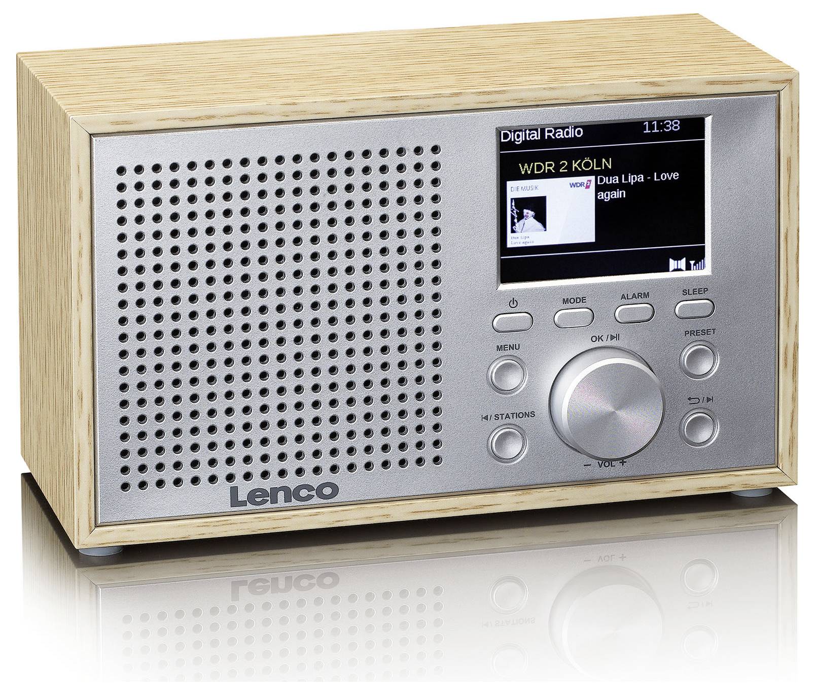 Tragbares Digitalradio mit Holzverkleidung, rechteckigem Lautsprecher, Display zeigt 'WDR 2 KÖLN' und 'Dua Lipa - Love again'.