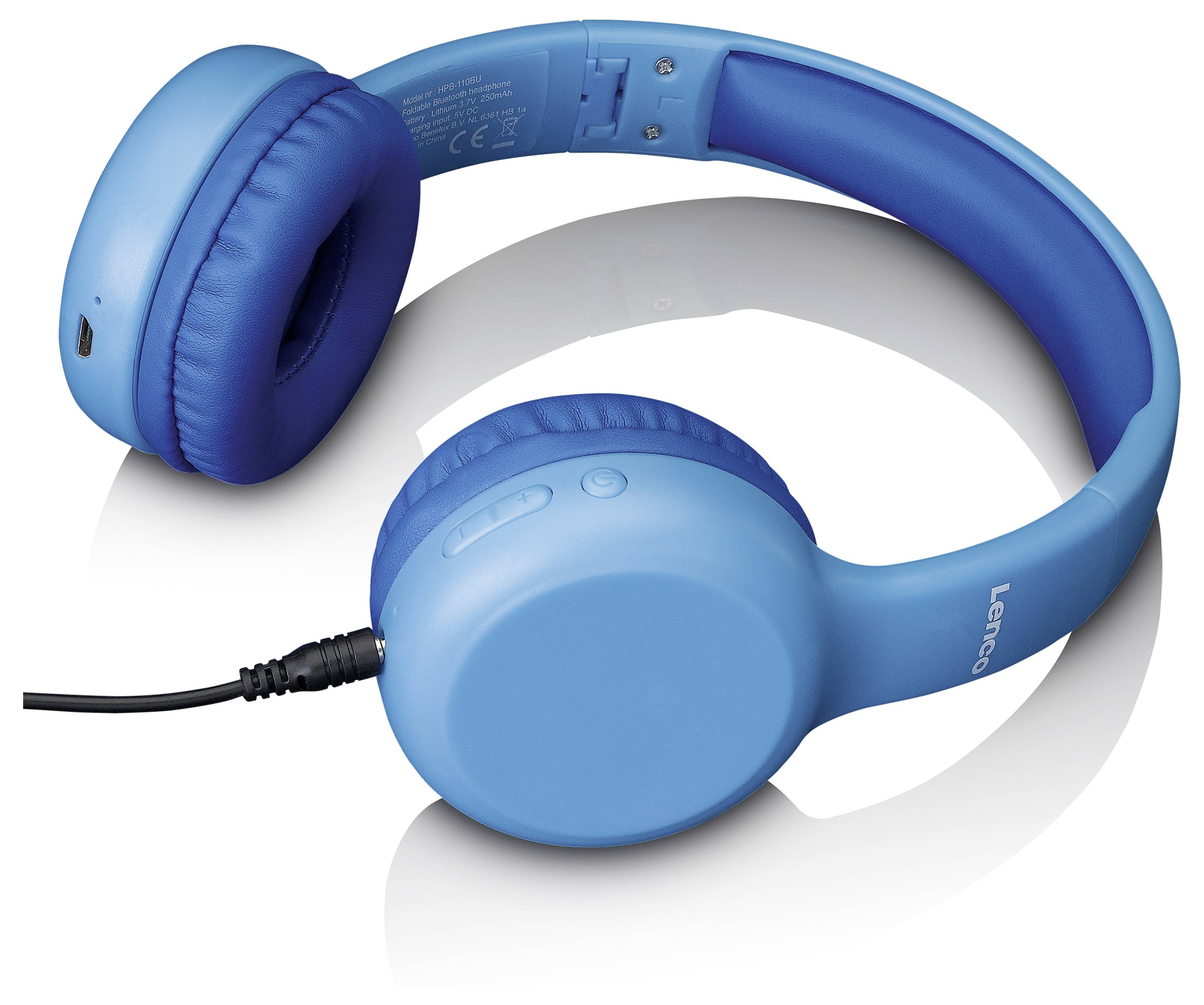 Blaue kabellose Kopfhörer, teils eingeklappt, mit Kabelverbindung sichtbar. Eignen sich zum Musik hören oder für Multimedia.