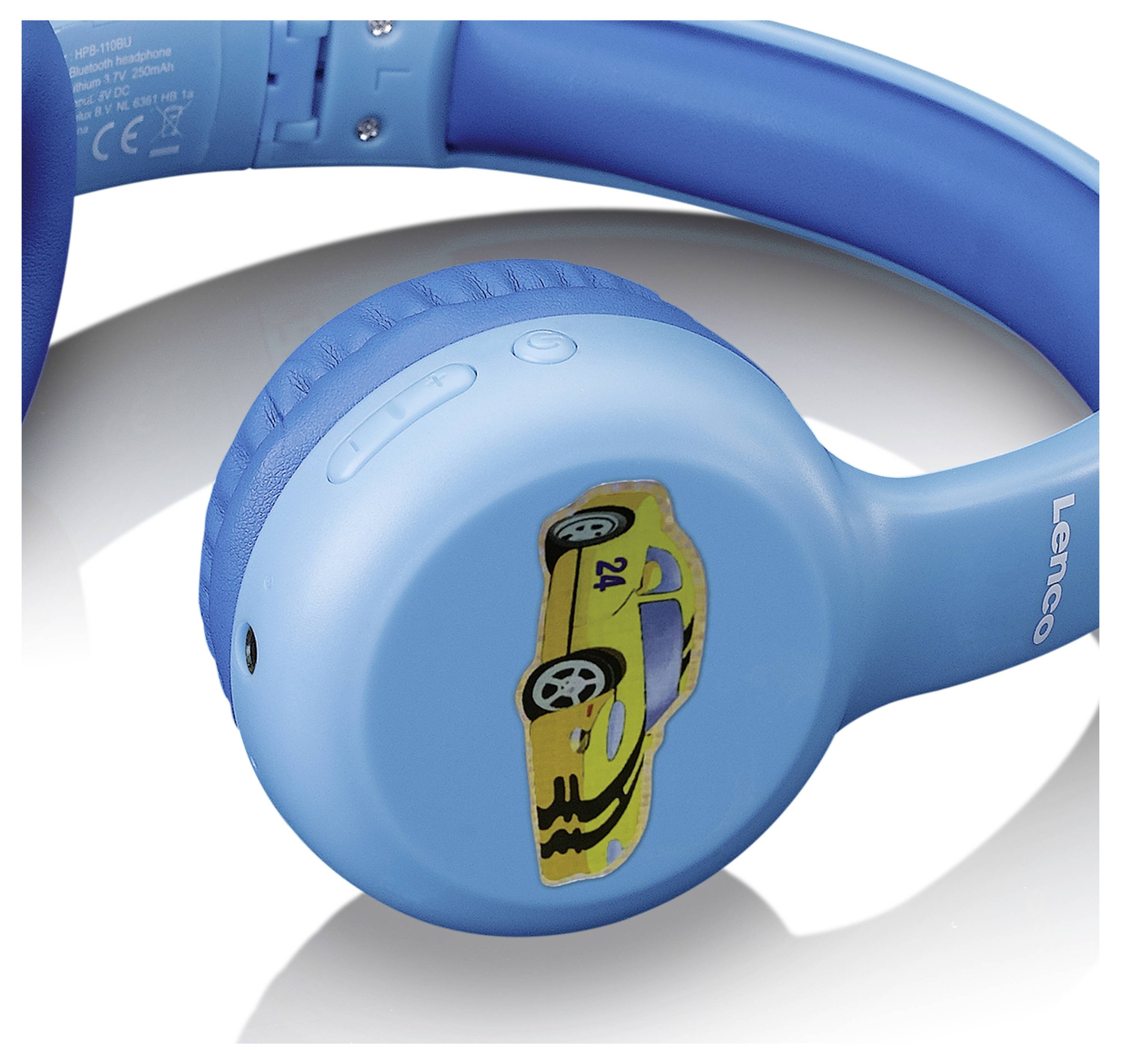 Blaue Kopfhörer mit einem gelben Auto-Aufkleber auf der Ohrmuschel. Markenname 'Lenco' an der Seite sichtbar.