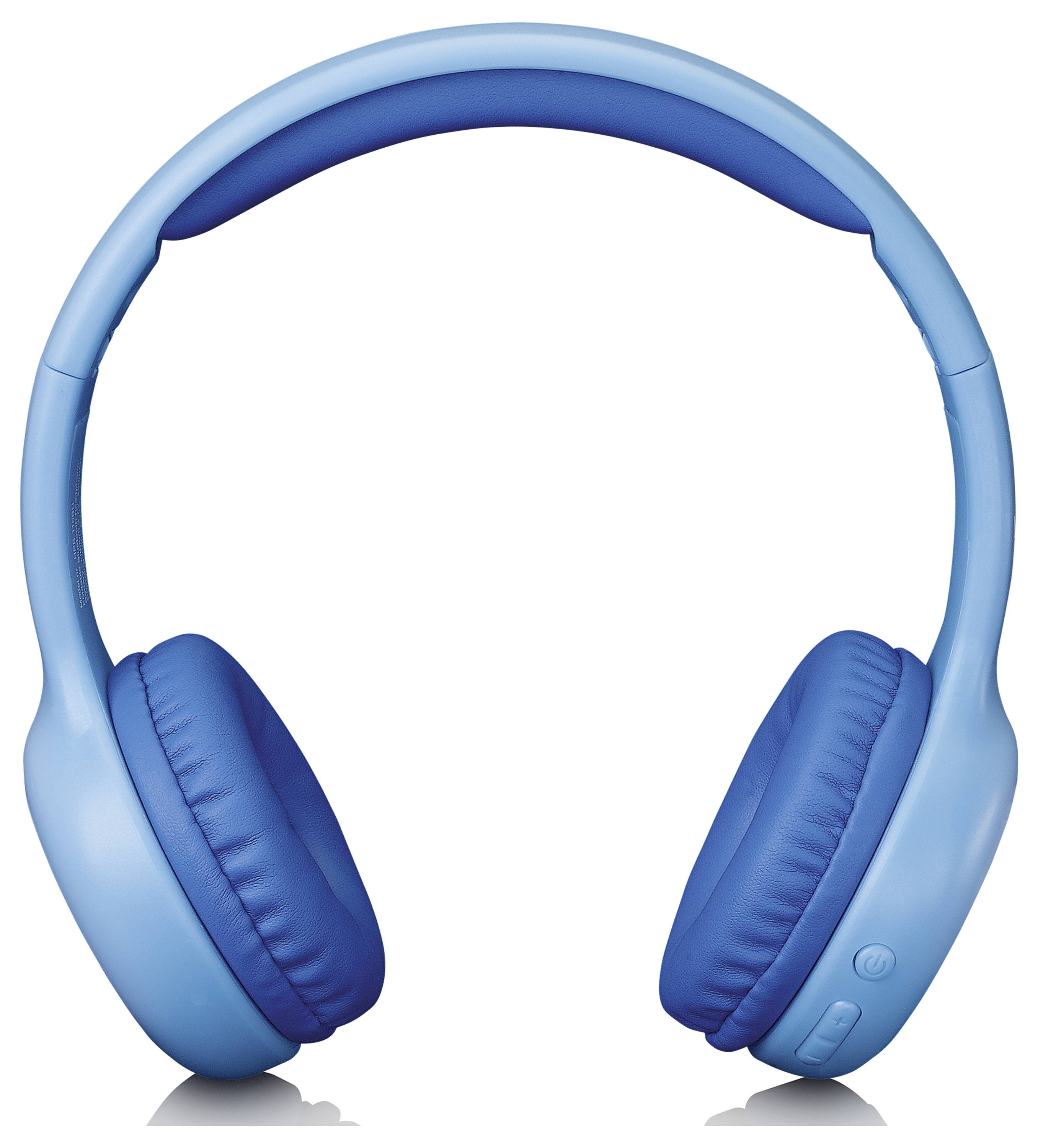 Blaue drahtlose Kopfhörer vor weißem Hintergrund, Darstellung moderner Audiotechnologie.