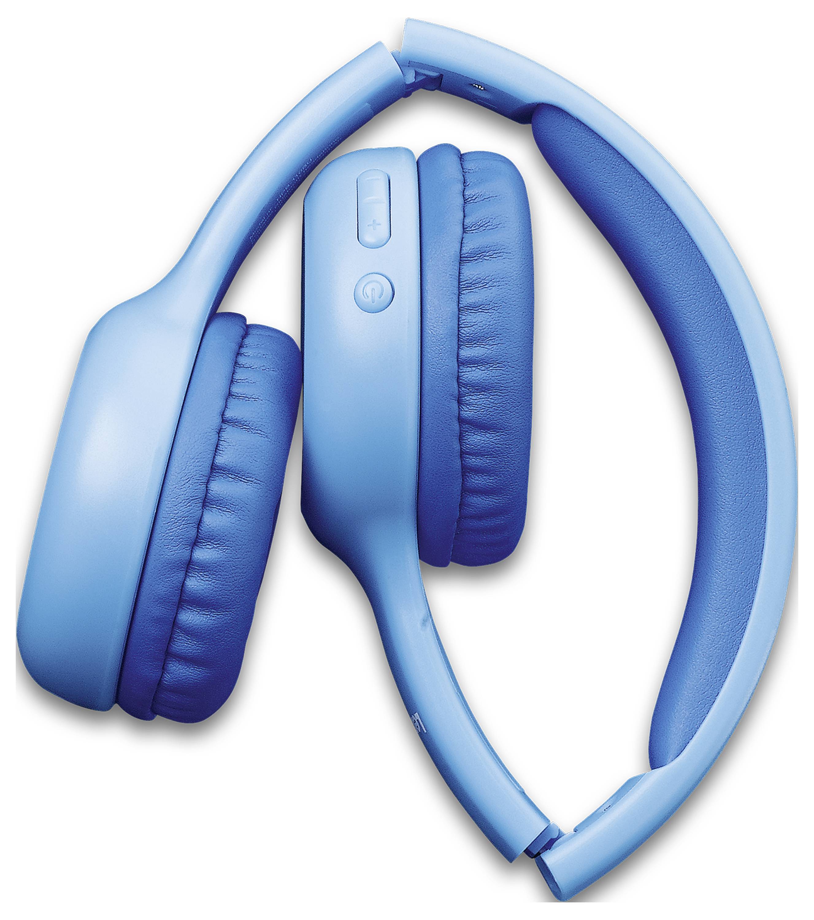 Blaue, kabellose Kopfhörer mit gepolsterten Ohrmuscheln und Bedientasten auf der rechten Seite in einer zusammenklappbaren Position.