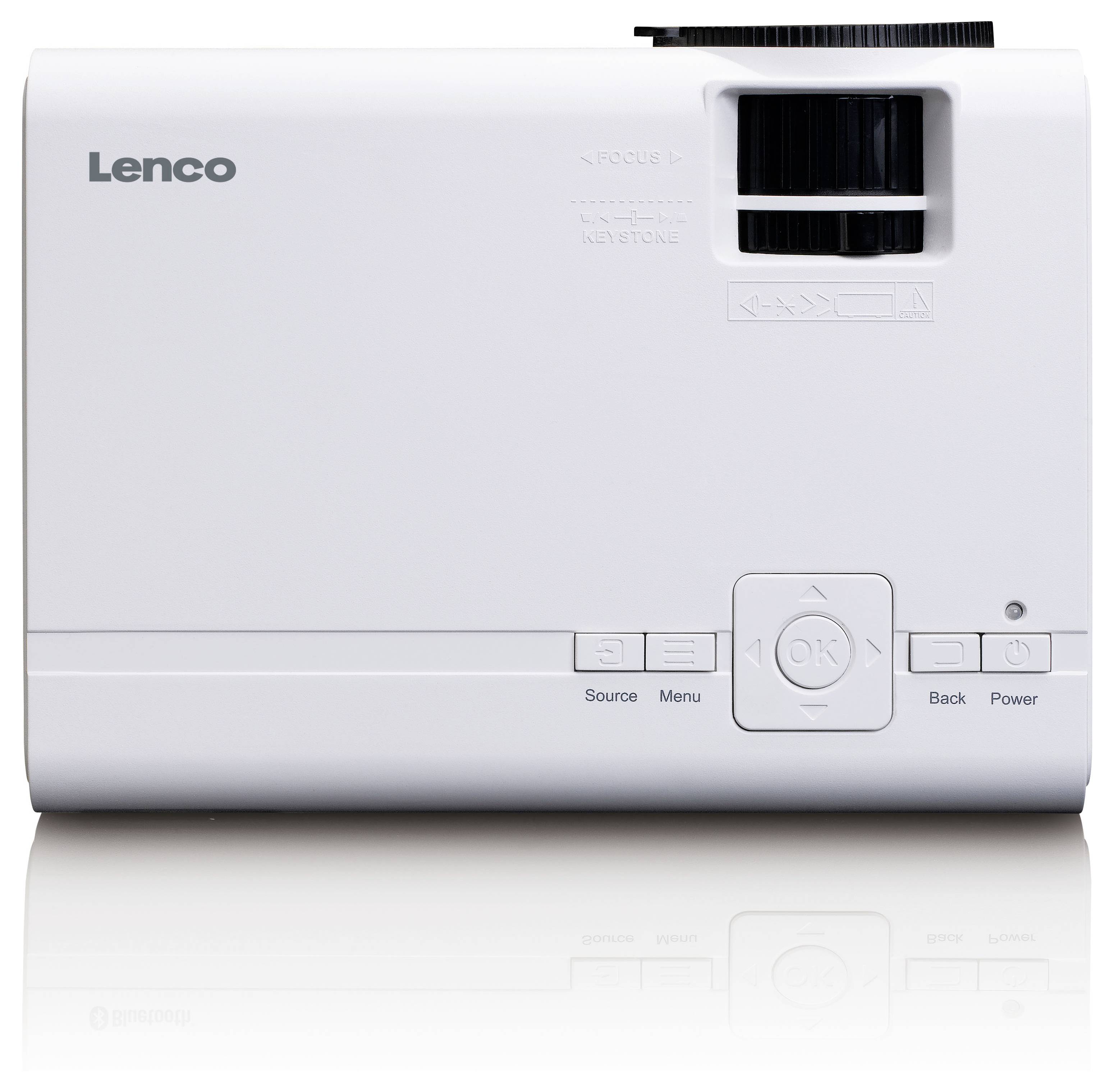 Ein weißer Lenco-Projektor mit Tasten zur Bedienung und Steuerung.