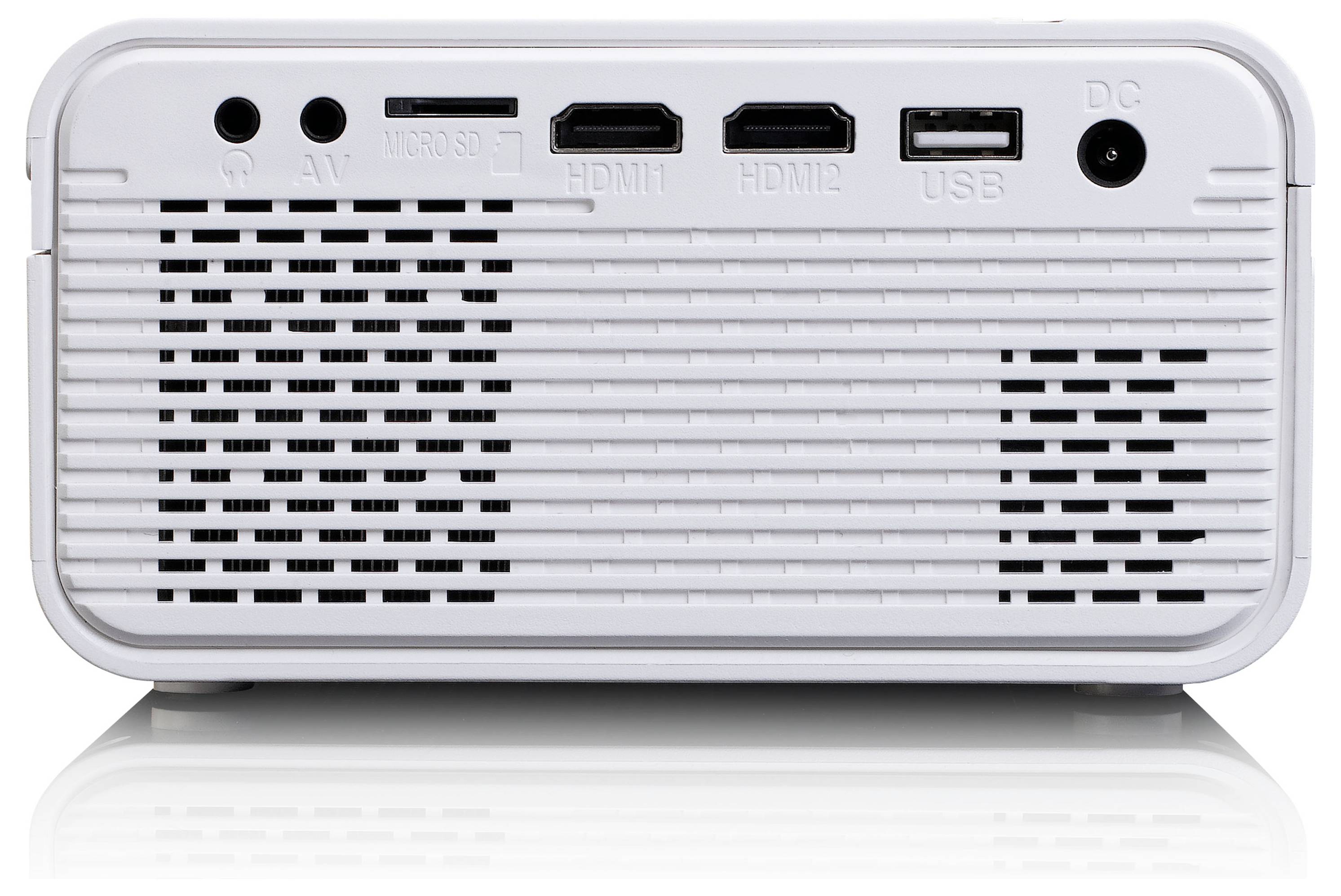 Rückseite eines weißen Projektors mit Anschlüssen: AV, Micro SD, zwei HDMI, USB und DC-Eingang.
