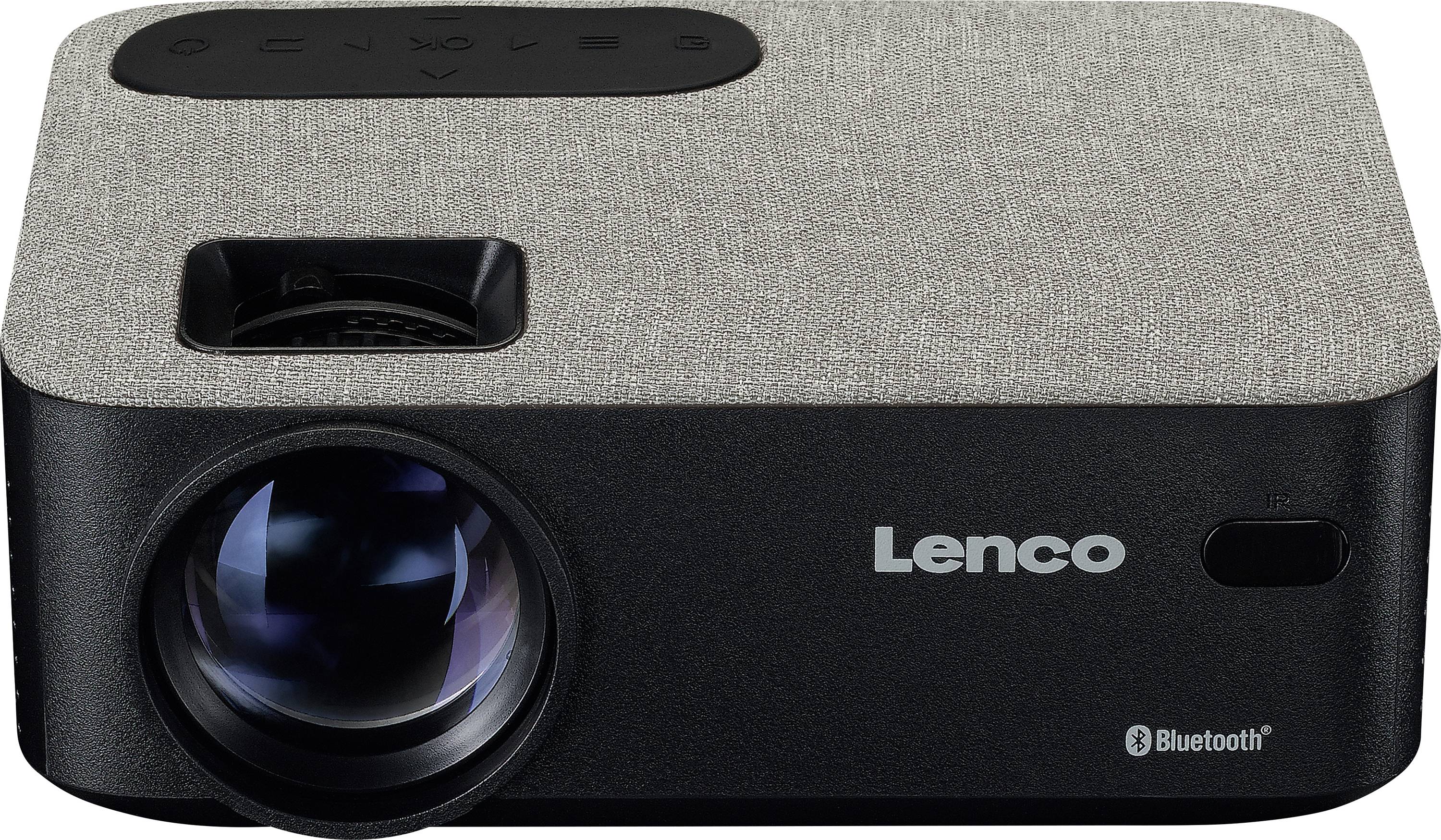 Tragbarer Lenco-Projektor mit grauer Oberseite und großer Linse vorne, Bluetooth-fähig. Ideal für mobile Präsentationen.