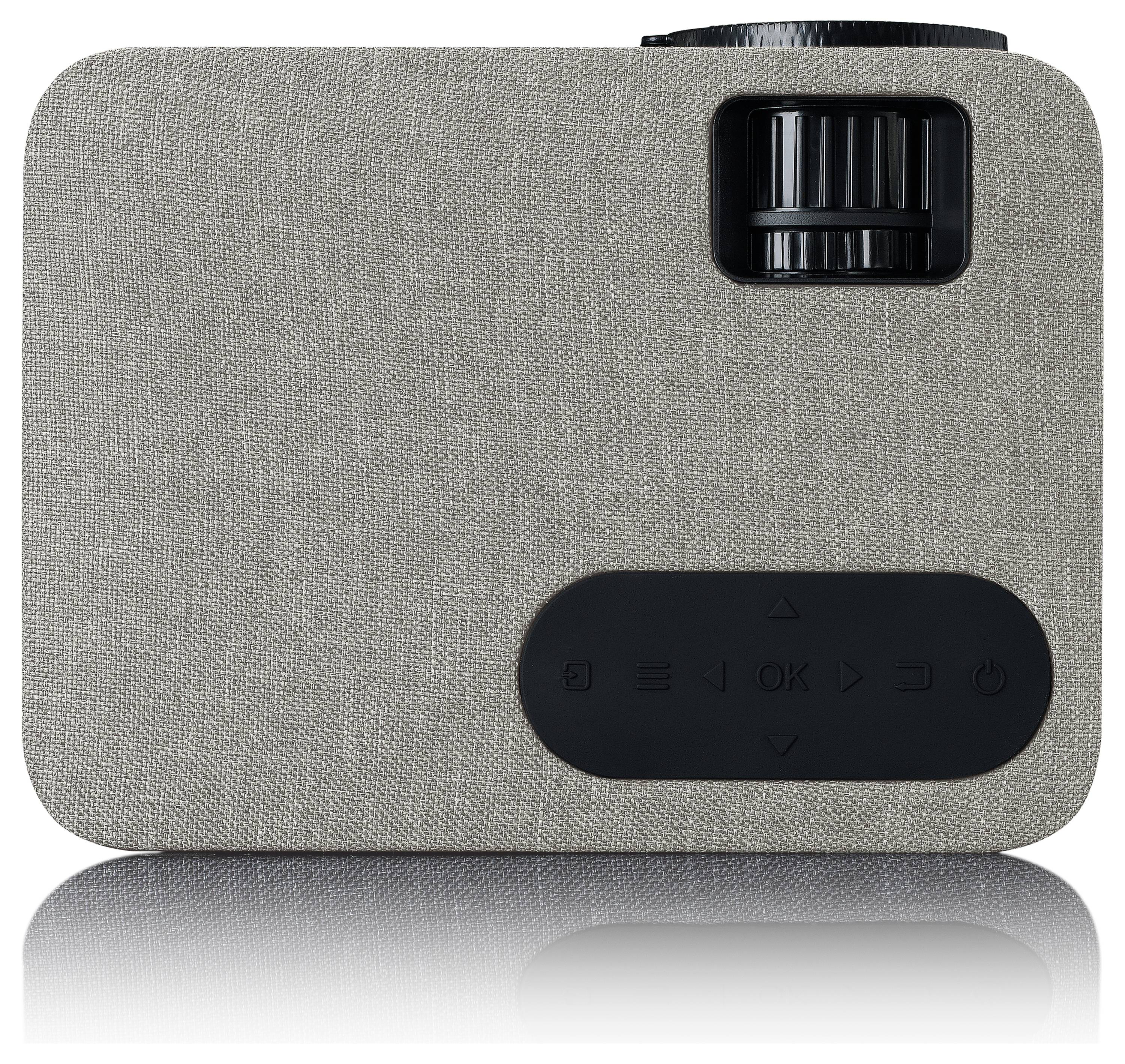 Grauer tragbarer Projektor mit Struktur-Oberfläche, runden Fokusrädern oben rechts und Bedienfeld mit Symbolen unten.