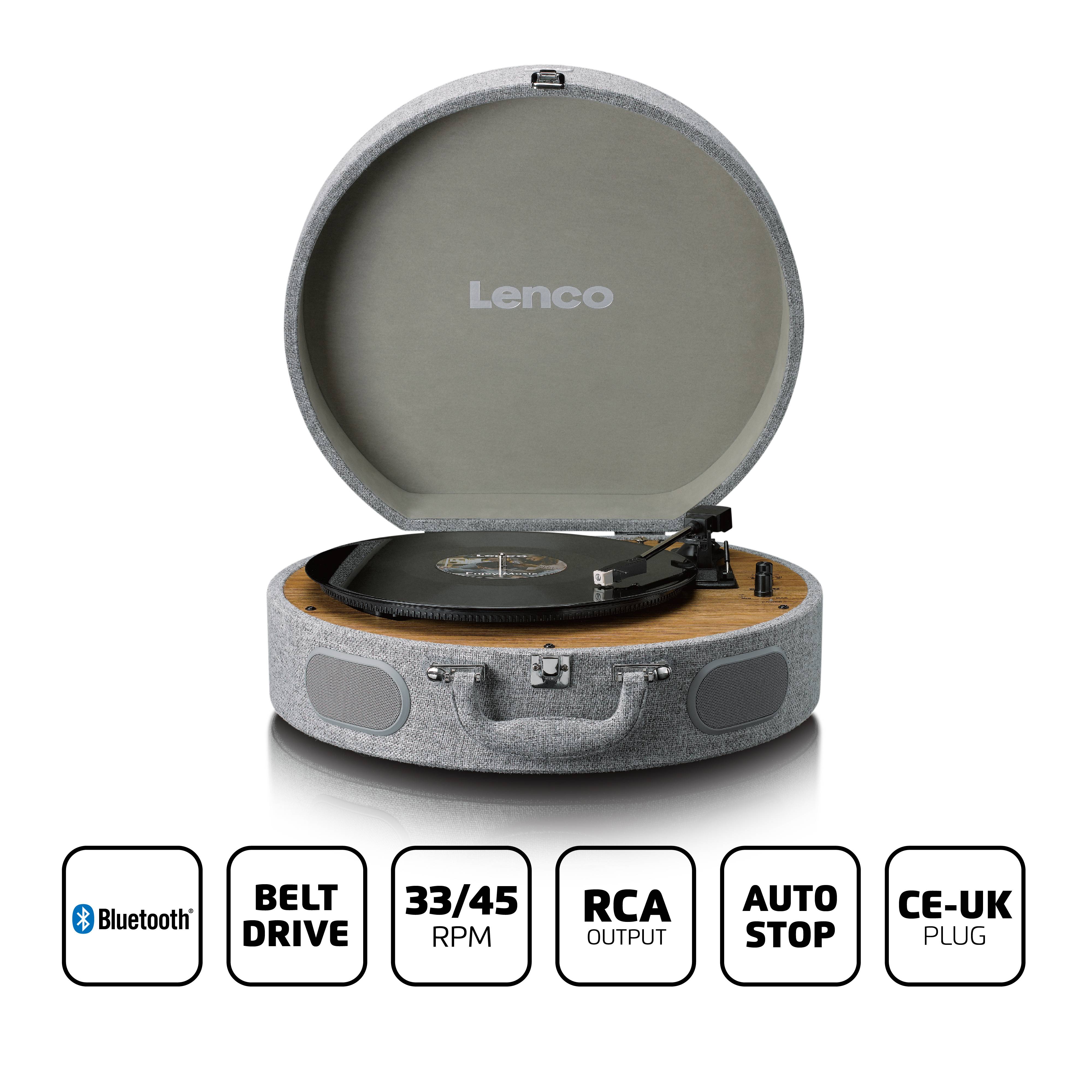 Plattenspieler mit offenem Kofferdesign, 'Lenco'-Logo sichtbar. Eigenschaften: Bluetooth, 33/45 RPM, RCA-Ausgang, automatische Abschaltung, CE-UK-Stecker.