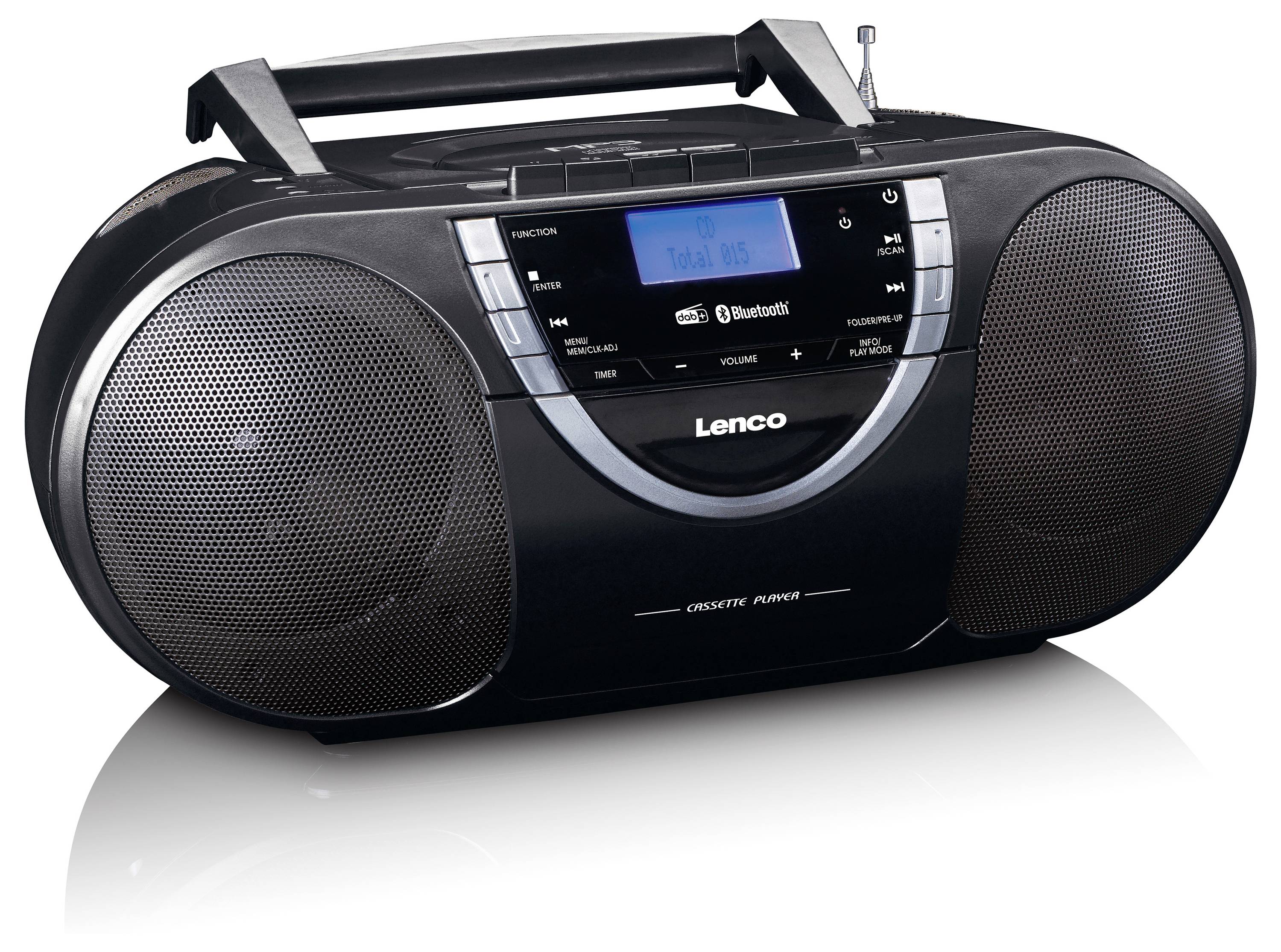 Schwarzer tragbarer CD-Player mit Lautsprechern, Bluetooth und digitalem Display, zeigt 'Track 01' an. Geeignet für Musikabspielgeräte.