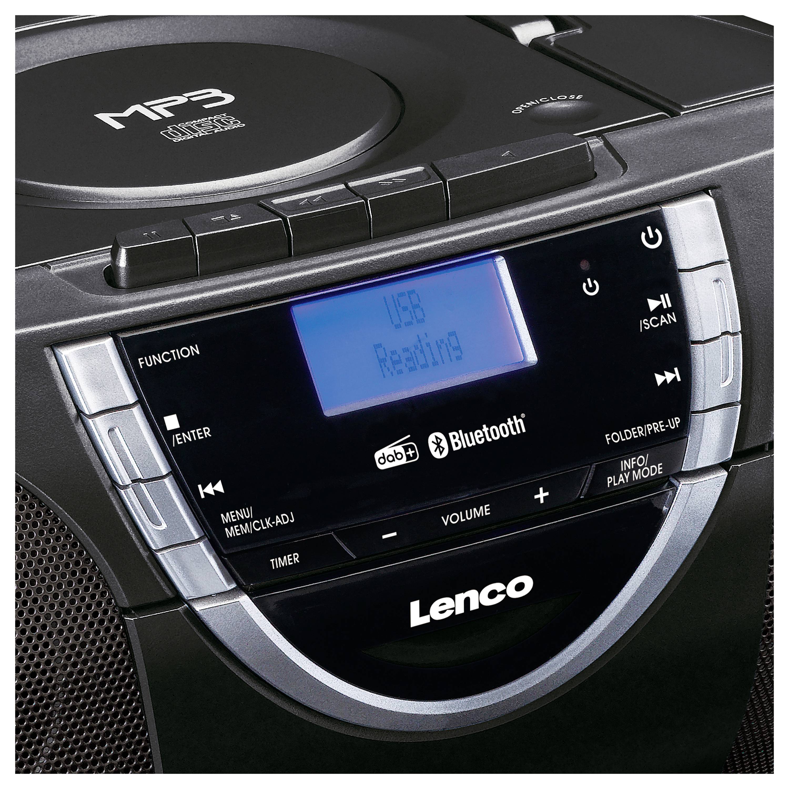 'Portabler CD-Player mit Bluetooth und USB-Anschluss, zeigt 