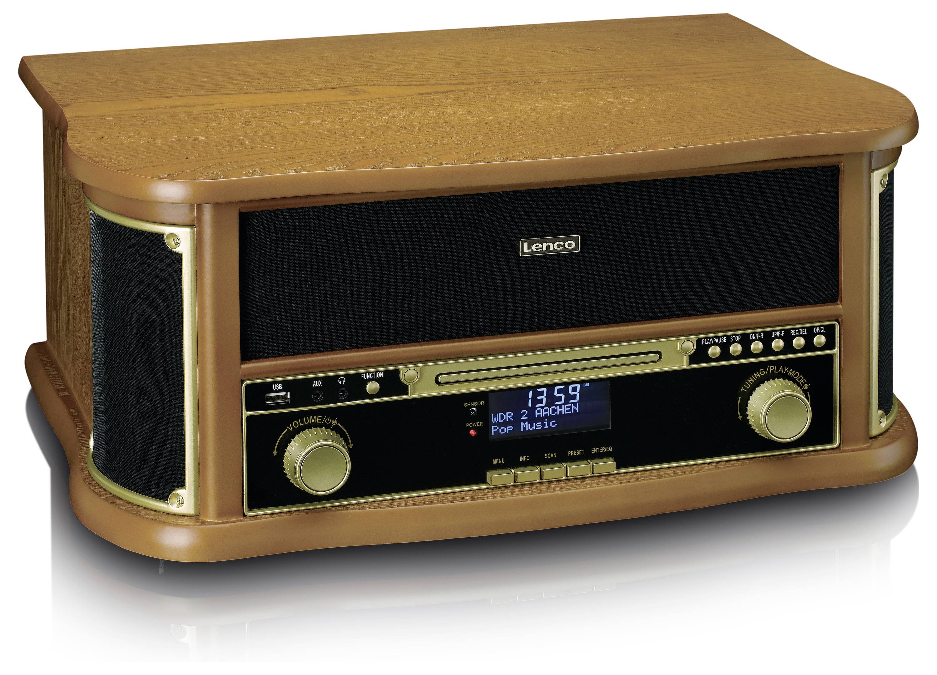 Ein Holzradio mit schwarz-goldenen Bedienelementen und digitaler Anzeige. Die Marke „Lenco“ ist zentral platziert.